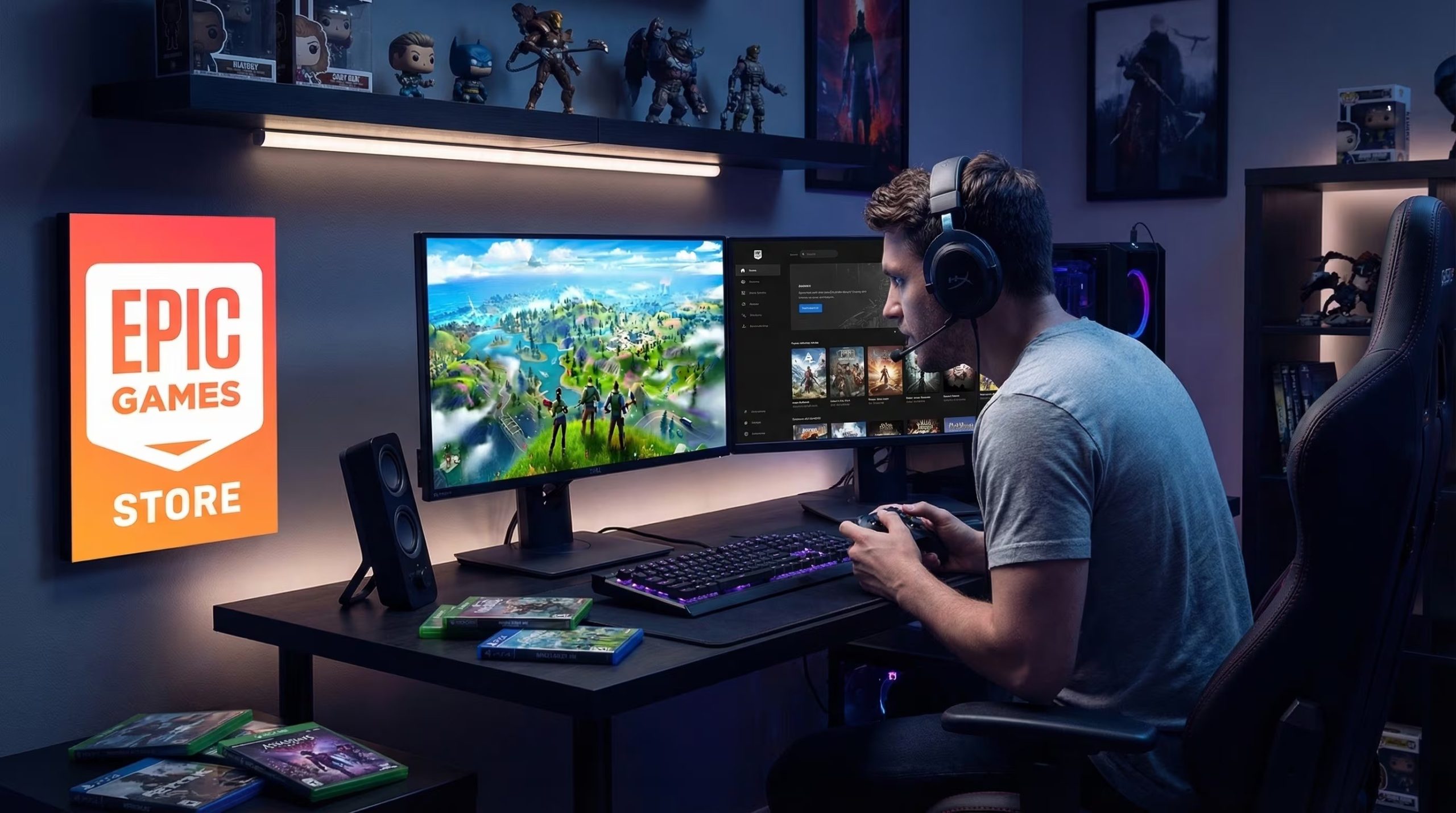 Un jugador concentrado usa una configuración de PC con doble monitor, mostrando el juego Fortnite y la interfaz de Epic Games Store, bajo la atenta mirada del logo de Epic Games. (Imagen Ilustrativa Infobae)