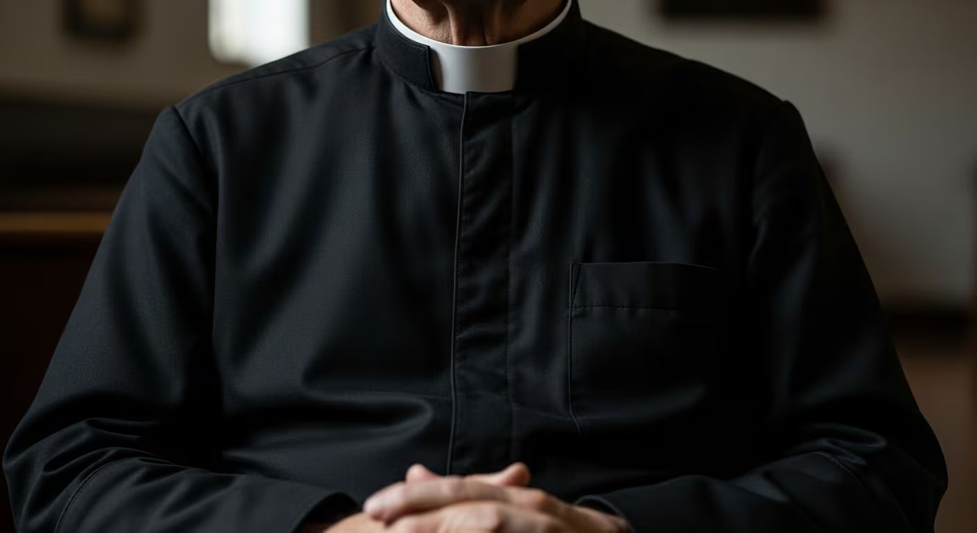 Un sacerdote adulto mayor, vestido con su ropa negra y la cinta blanca característica en el cuello, se muestra en un momento de reflexión con las manos entrelazadas. (Imagen Ilustrativa Infobae)