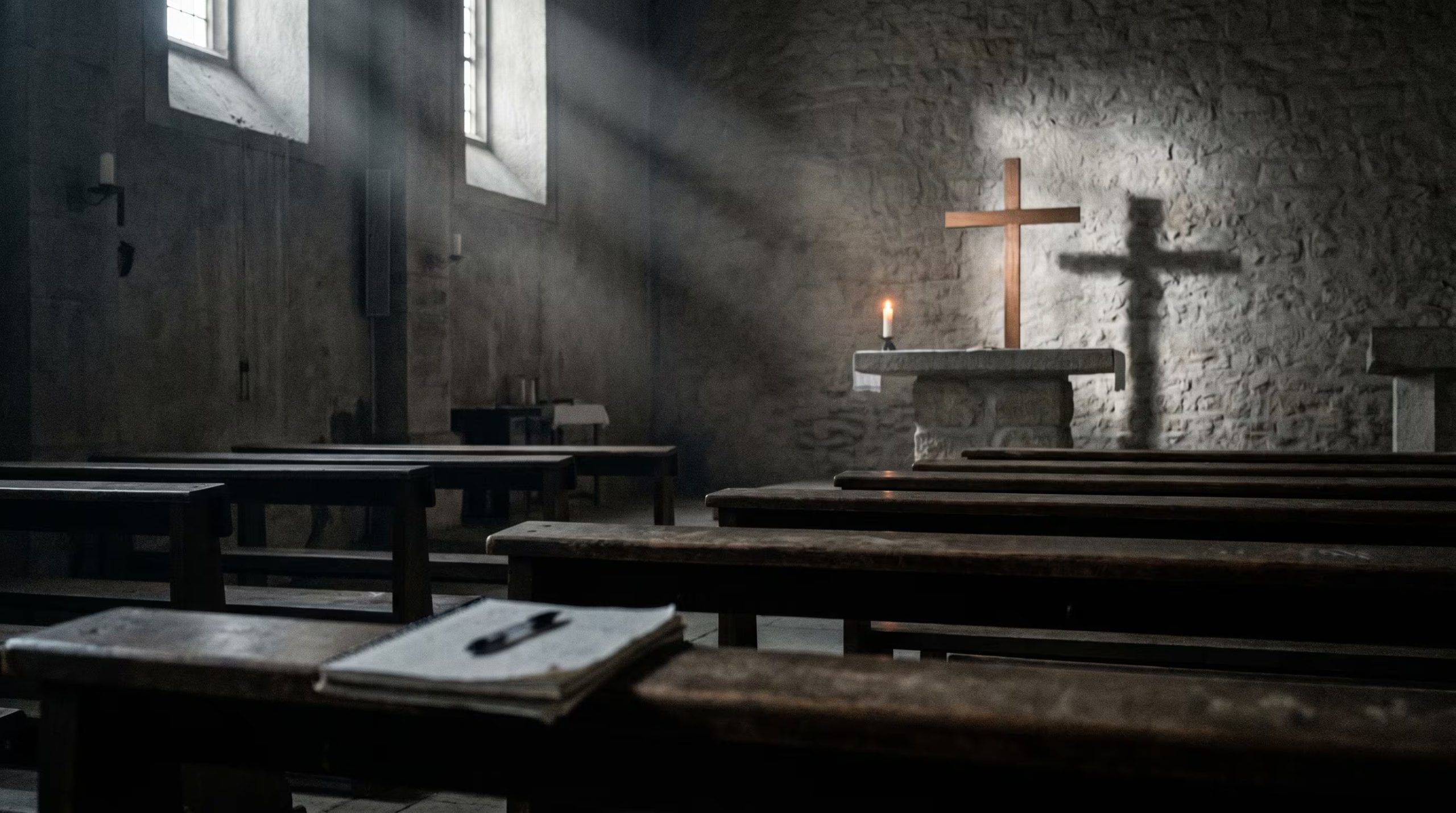 Un rayo de luz tenue atraviesa una iglesia católica en penumbra, iluminando bancos de madera oscura vacíos y un altar con una cruz simple y una vela solitaria, evocando quietud y reflexión. (Imagen Ilustrativa Infobae)