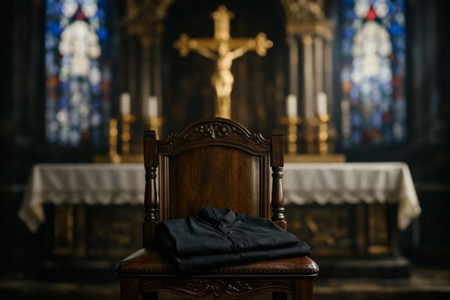 Una sotana negra plegada reposa sobre una silla vacía frente al altar mayor de una iglesia en Ayacucho, simbolizando la ausencia y la sanción de un guía espiritual. (Imagen Ilustrativa Infobae)
