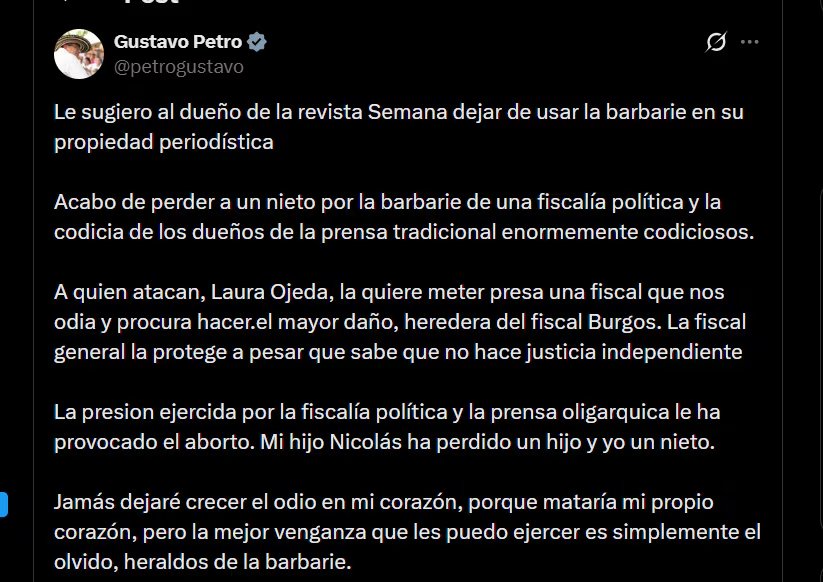 El presidente publicó un mensaje en el que responsabilizó a la presión judicial y mediática por la pérdida de su nieto. - crédito @petrogustavo/X