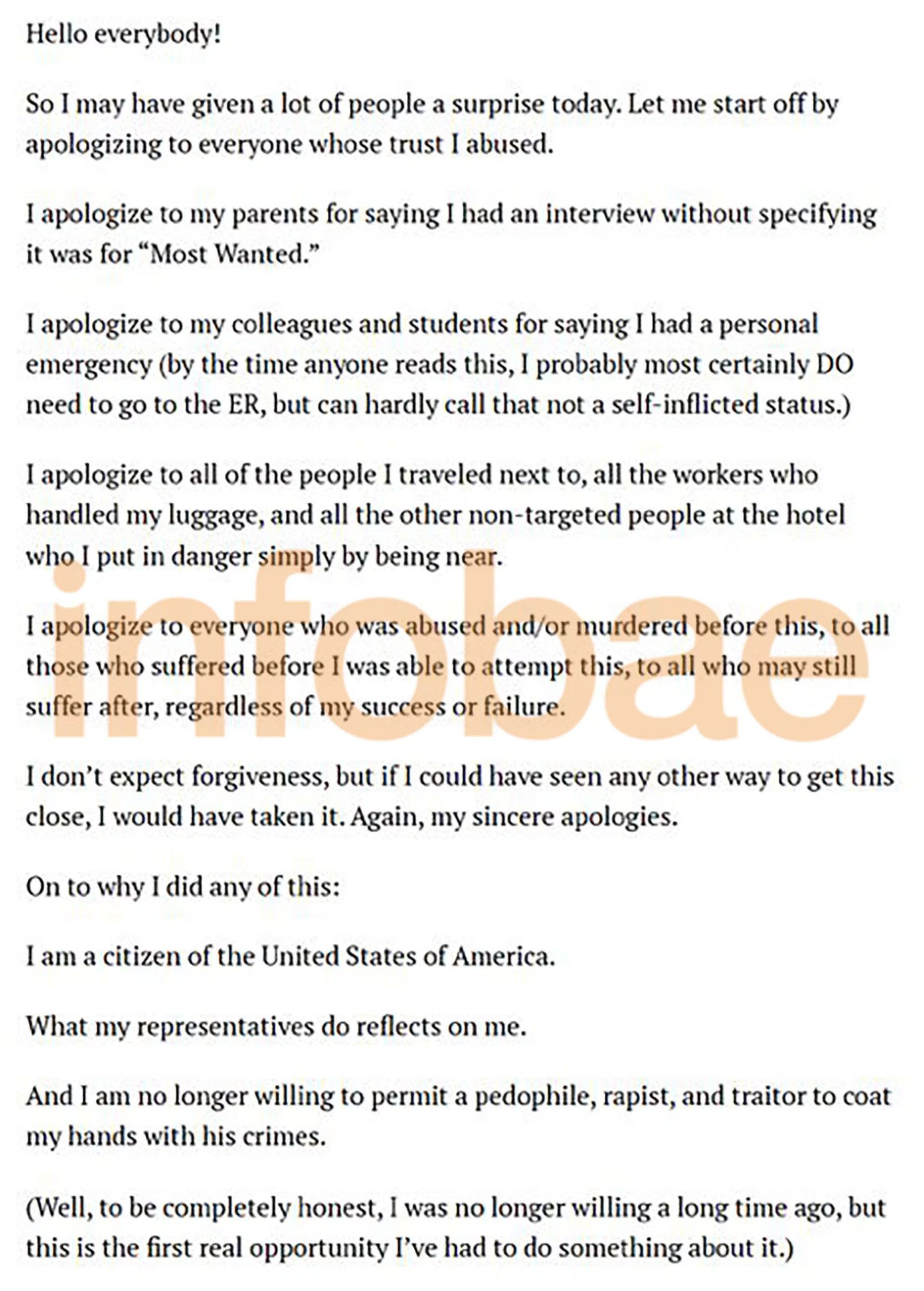 Facsímil del Manifiesto escrito por Cole Tomas Allen para justificar su decisión de asesinar a Donald Trump