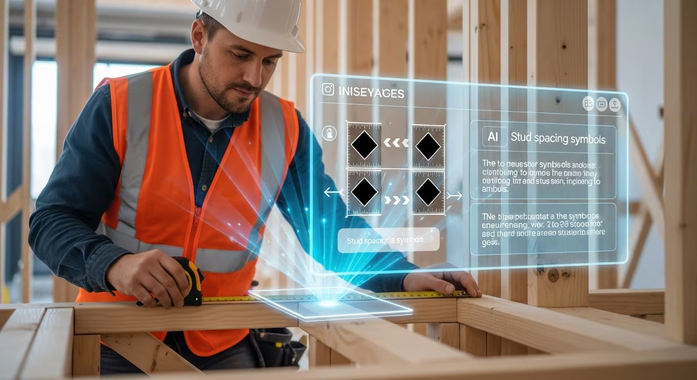 Un trabajador de la construcción utiliza una cinta métrica en una estructura de madera, asistido por una interfaz holográfica de inteligencia artificial que destaca y explica los símbolos de la herramienta. (Imagen Ilustrativa Infobae)