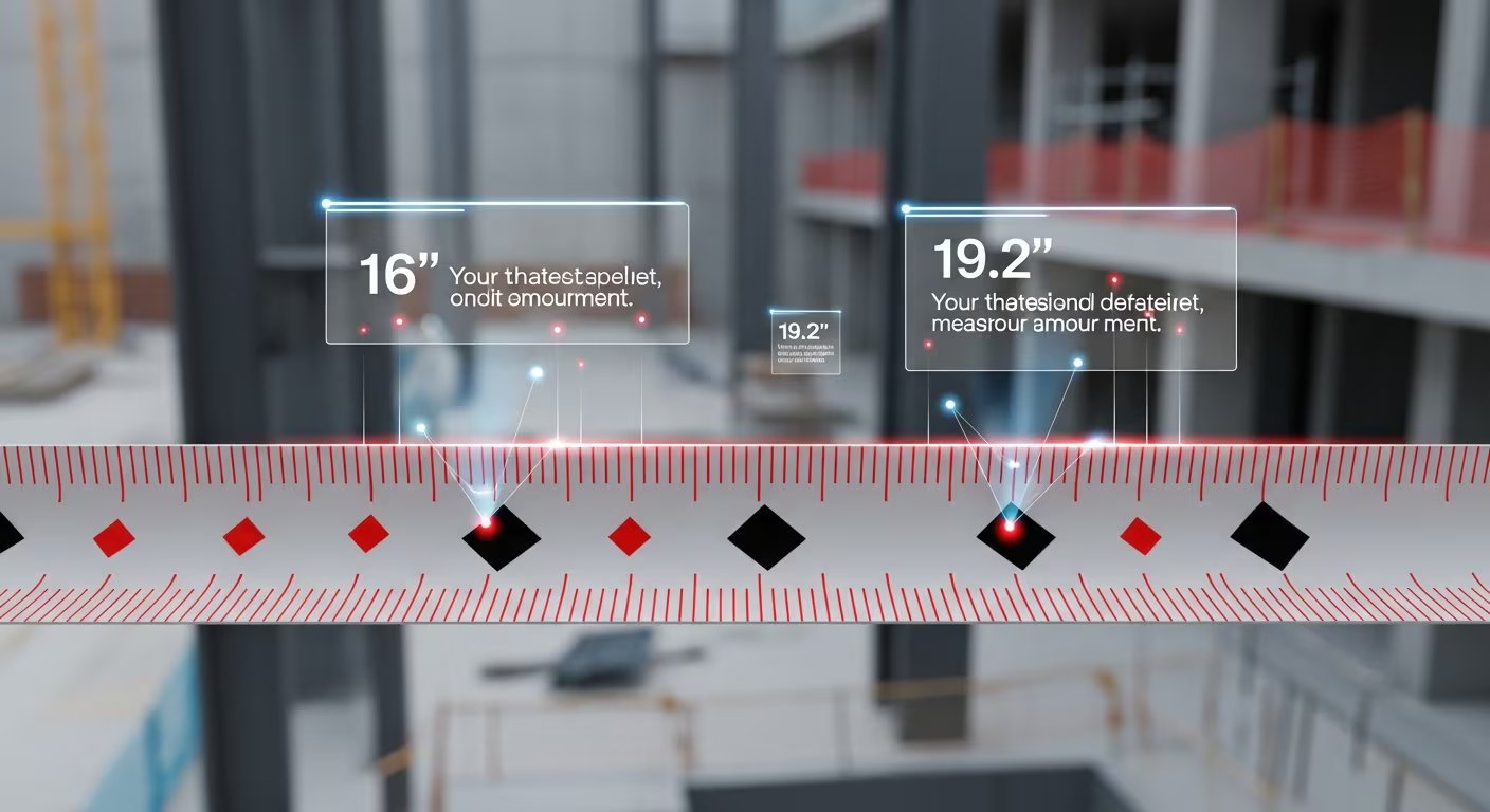 Una infografía futurista muestra una cinta métrica con marcas rojas y rombos negros, destacando medidas de 16 y 19,2 pulgadas mediante gráficos flotantes sobre un fondo de obra en construcción. (Imagen Ilustrativa Infobae)