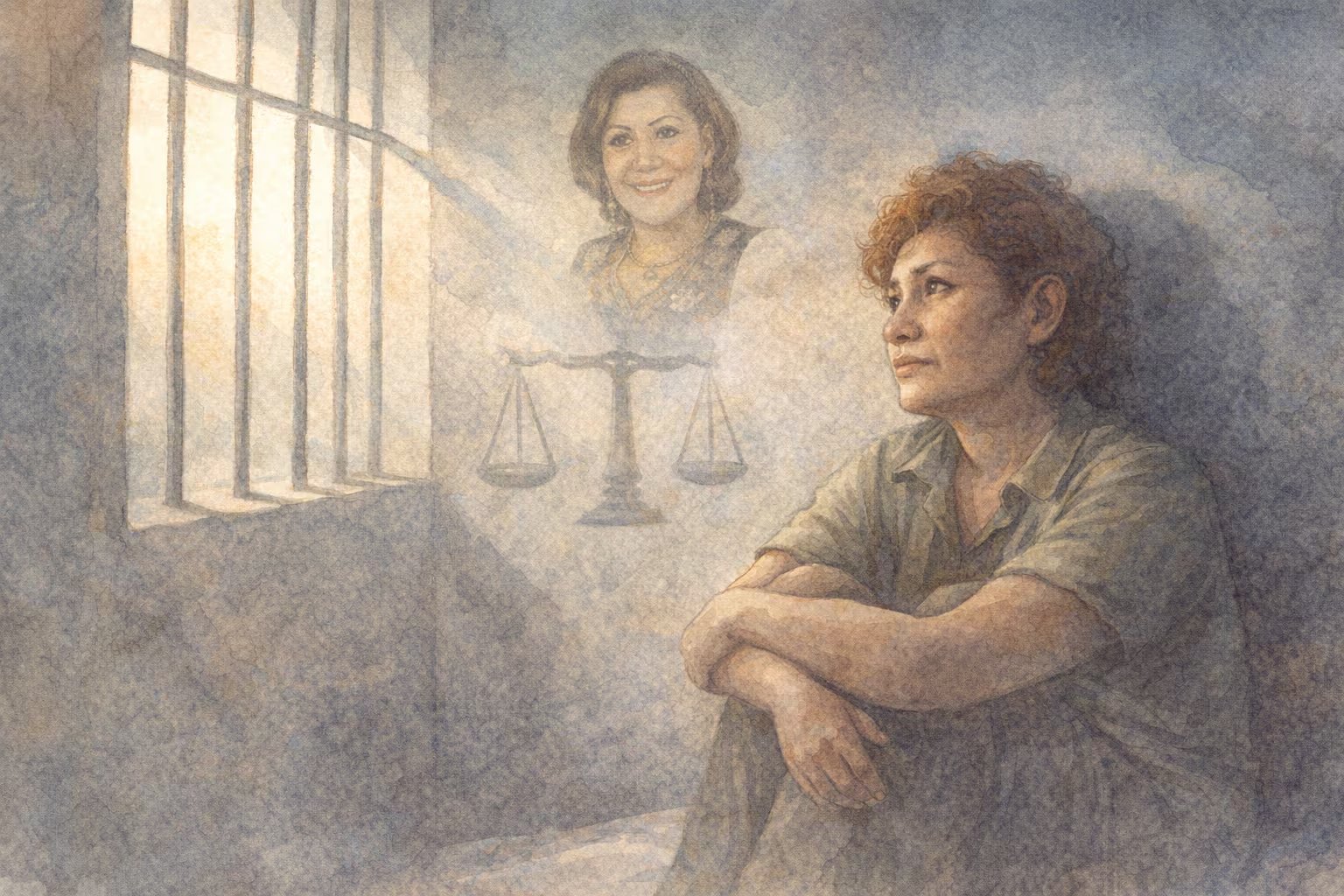 Ilustración digital en acuarela que representa a Abencia Meza en una celda, observando la luz exterior mientras las sombras de la balanza de la justicia y Alicia Delgado se proyectan en la pared, evocando su búsqueda de verdad. (Imagen Ilustrativa Infobae)