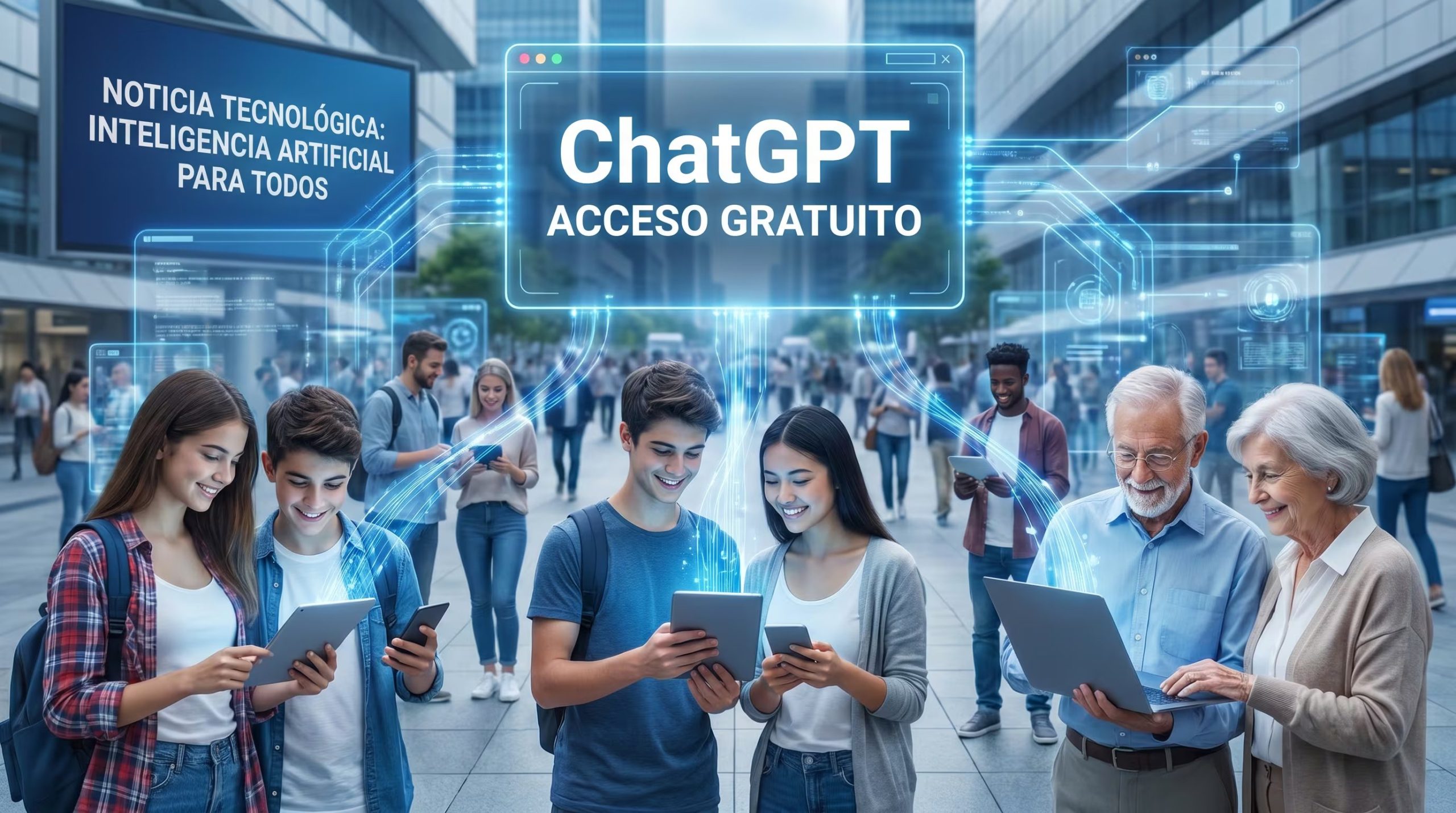Personas de diversas edades interactúan con dispositivos digitales, mientras una interfaz de ChatGPT y el concepto de 'Acceso Gratuito' se superponen, simbolizando la disponibilidad de IA para todos. (Imagen Ilustrativa Infobae)