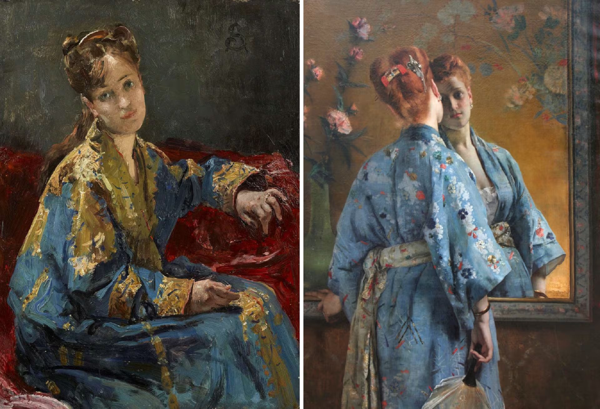 “Chica en kimono” y “La parisina japonesa”, ambas de 1872. Stevens fue uno de los primeros coleccionistas de arte japonés en París