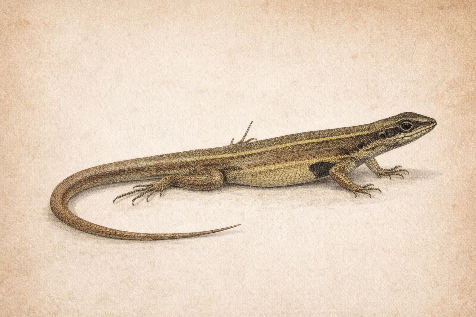 Una lámina científica del siglo XIX presenta a la lagartija Stenocercus aguilari con cuerpo alargado, escamas detalladas y una mancha negra en la región pélvica ventral, sobre un fondo de papel envejecido. (Imagen Ilustrativa Infobae)