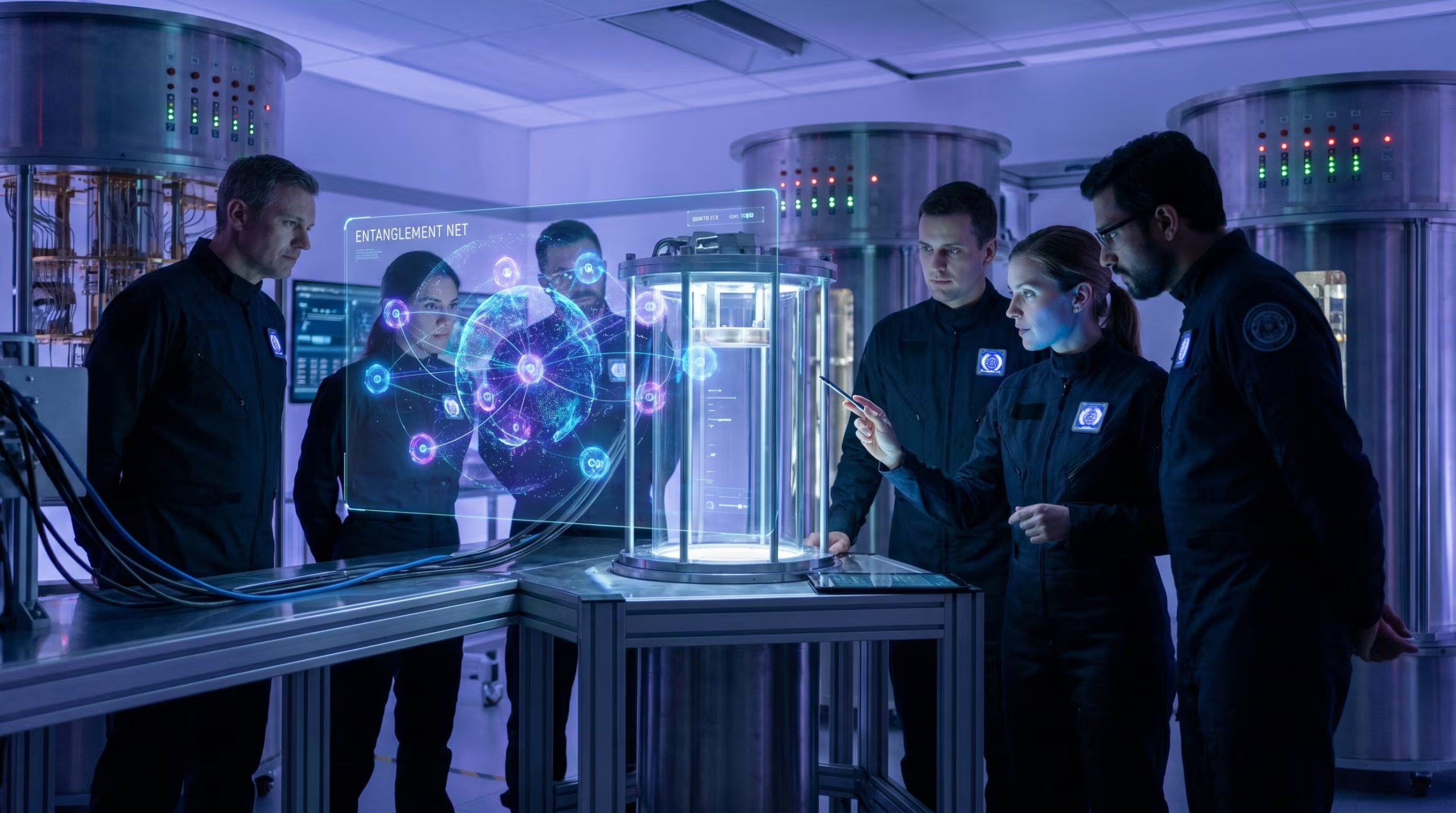 Un equipo de científicos en un laboratorio de computación cuántica de ambiente futurista observa una transferencia de datos cuánticos en tiempo real, interactuando con pantallas holográficas que muestran qubits y entrelazamiento cuántico. (Imagen Ilustrativa Infobae)