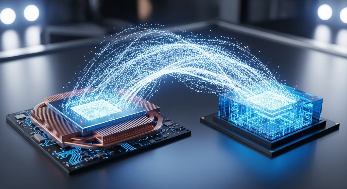 Una imagen digital ilustra dos procesadores separados, uno con disipador de calor de cobre y otro de cristal azul, interconectados por brillantes partículas que simbolizan la teletransportación cuántica para una computación avanzada. (Imagen Ilustrativa Infobae)