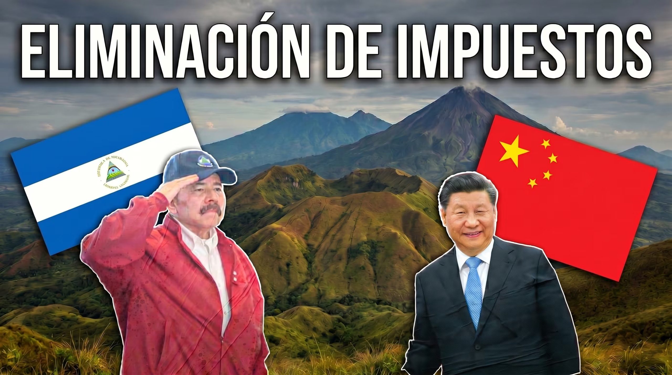 Los presidentes Daniel Ortega de Nicaragua y Xi Jinping de China aparecen juntos, destacando la política de eliminación de impuestos sobre un paisaje montañoso nicaragüense. (Imagen Ilustrativa Infobae)