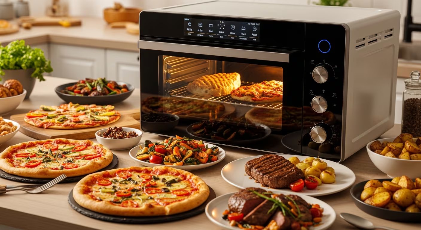 Un horno inteligente multifunción se destaca en una cocina moderna y luminosa, rodeado de una variedad de platos recién preparados como pizzas, vegetales asados, carnes y papas crujientes, listos para disfrutar. (Imagen Ilustrativa Infobae)