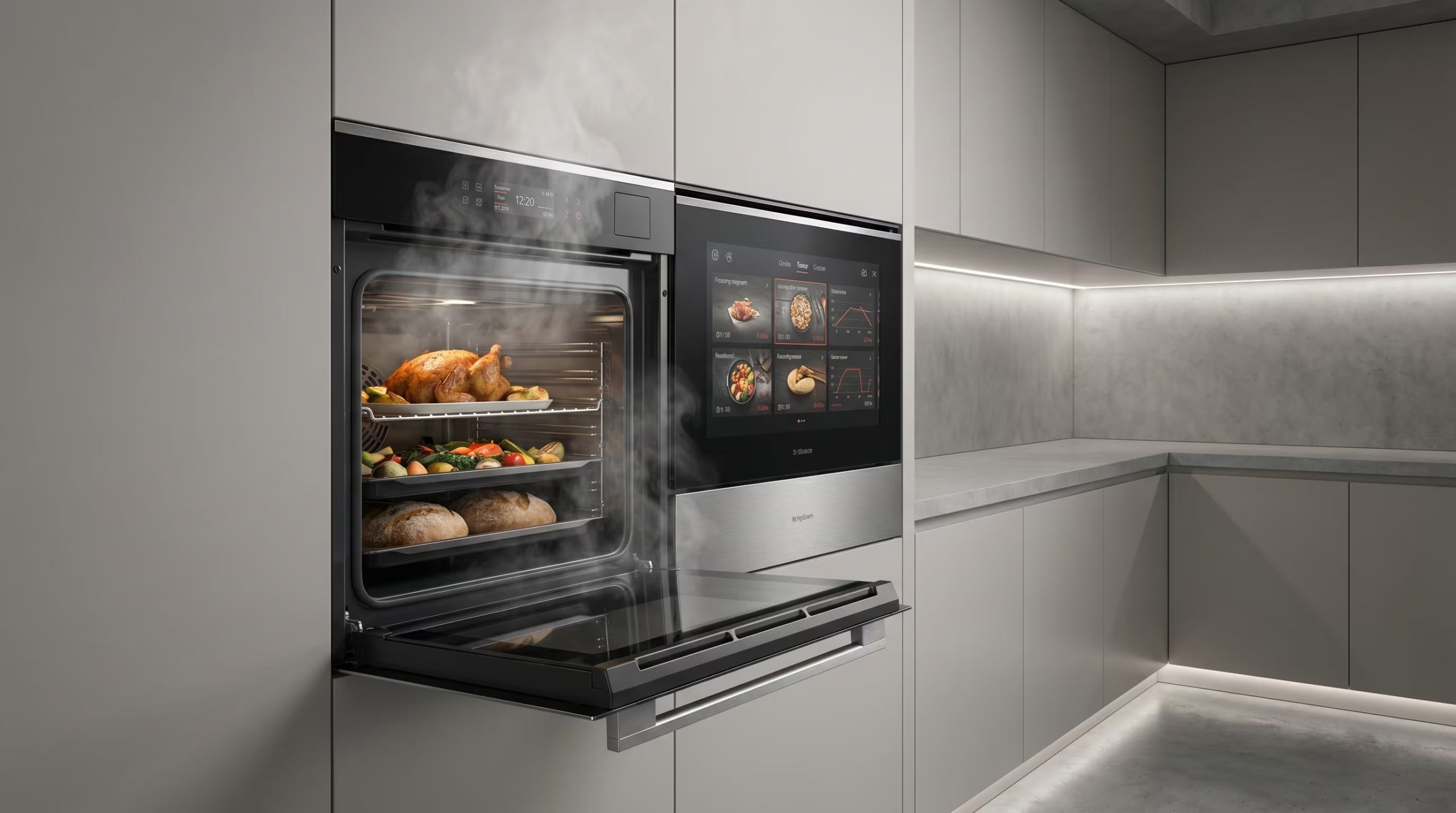 Un horno multifunción inteligente de diseño premium negro y acero inoxidable prepara pollo, verduras y pan simultáneamente con vapor en una cocina futurista minimalista, destacando su avanzada pantalla digital. (Imagen Ilustrativa Infobae)