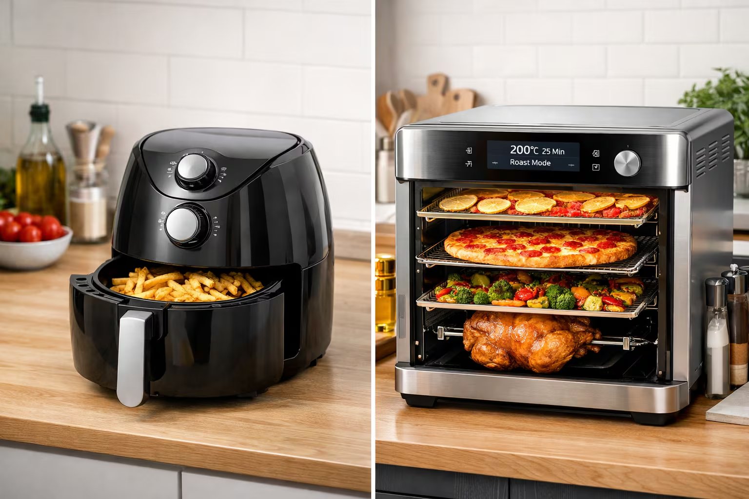 Una freidora de aire tradicional se compara visualmente con un horno inteligente multifunción que cocina pollo asado, vegetales, pizza y frutas deshidratadas simultáneamente en una cocina contemporánea. (Imagen Ilustrativa Infobae)