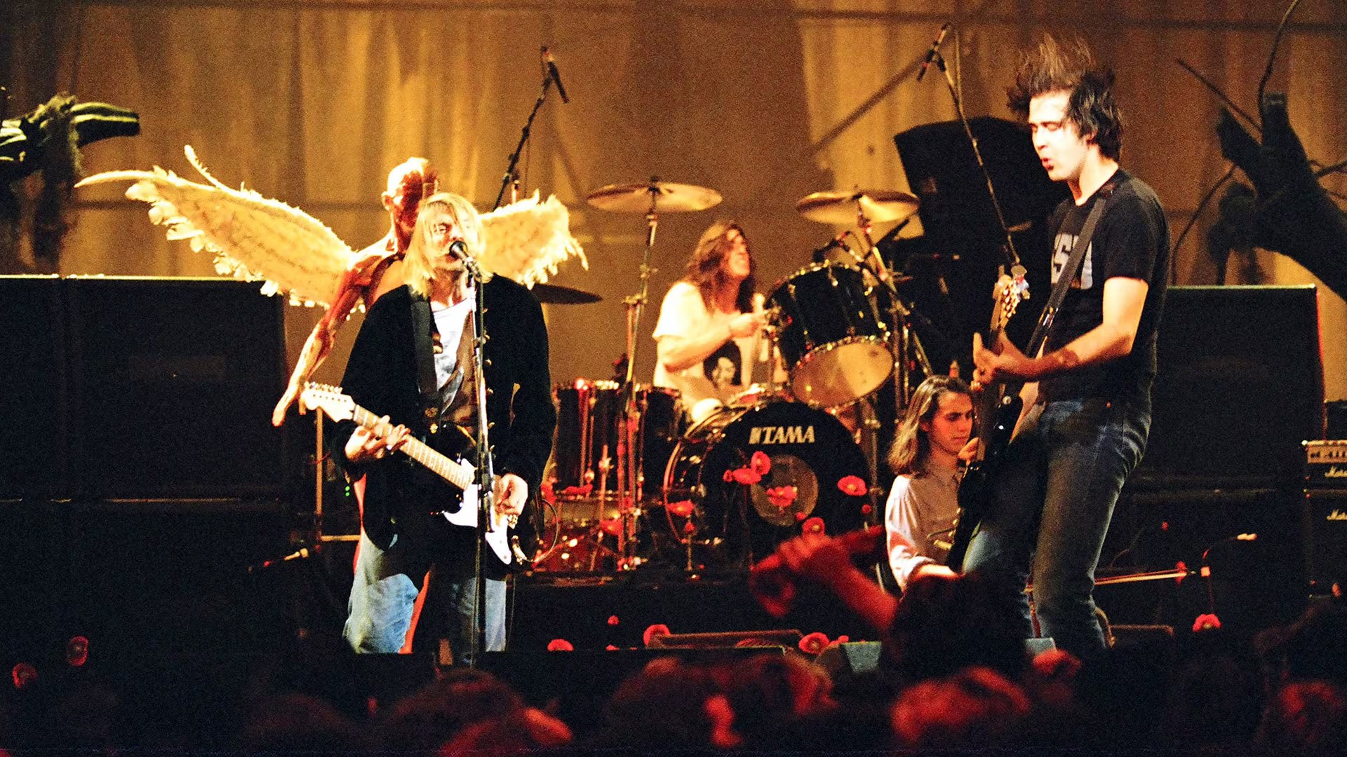 Kurt Cobain, Dave Grohl and Krist Novoselic of Nirvana (Photo by Jeff Kravitz/FilmMagic)