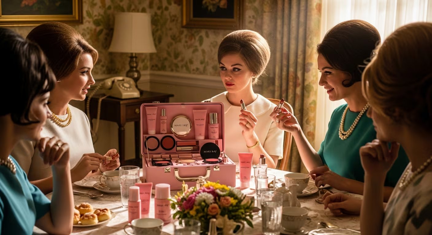 En una casa en Estados Unidos, un grupo de mujeres elegantemente vestidas de los años 60 asisten a una demostración de productos Mary Kay, explorando kits de maquillaje y compartiendo consejos de belleza en una reunión social (Imagen Ilustrativa Infobae)