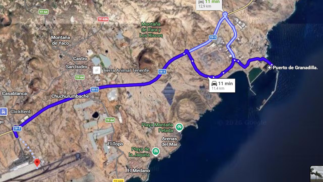 Distancia del puerto de Granadilla al aeropuerto de Tenerife Sur. (Google Maps)