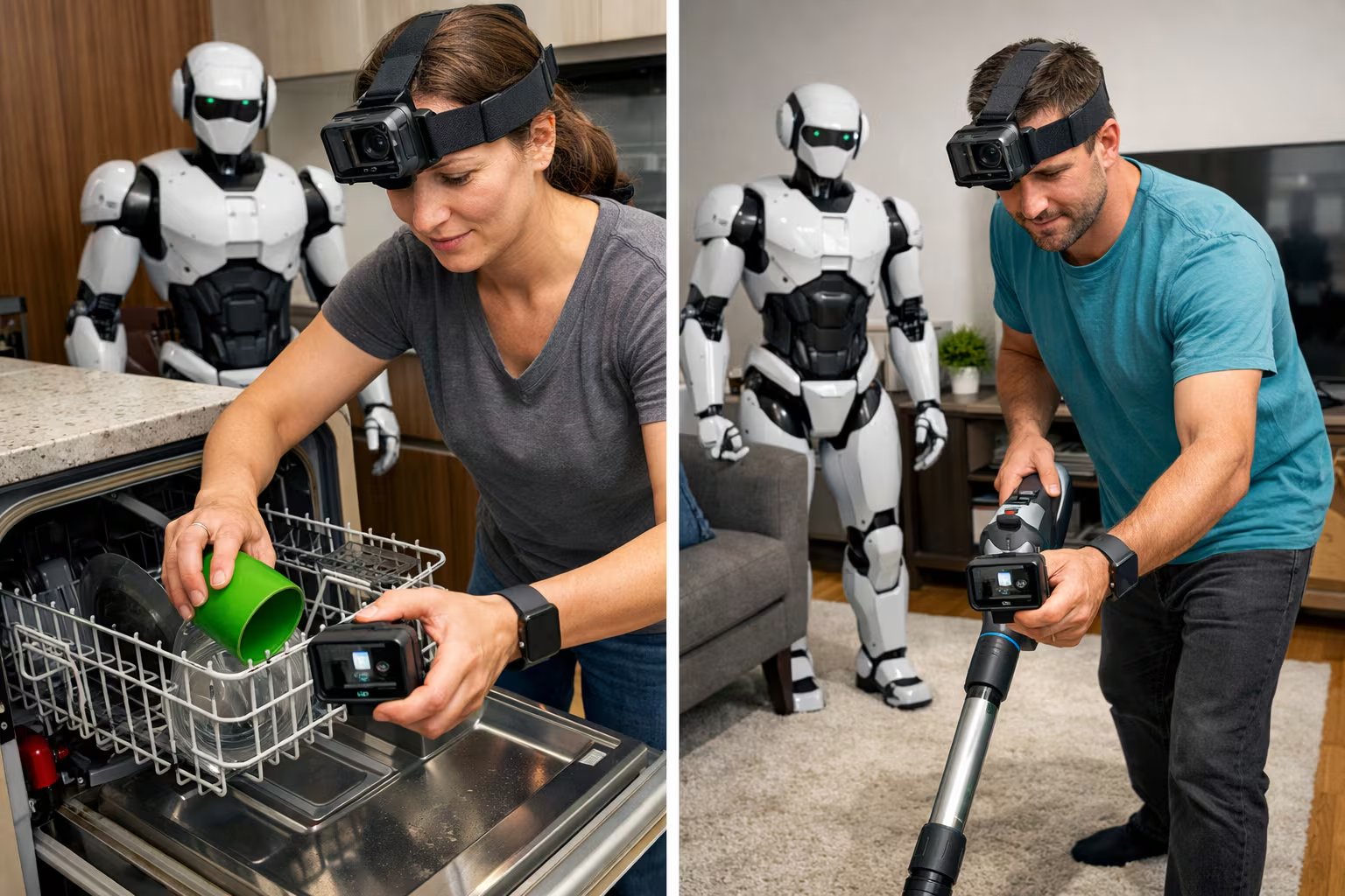 Dos personas graban sus movimientos al realizar tareas domésticas como cargar el lavavajillas y aspirar, para entrenar robots humanoides con inteligencia artificial en la automatización del hogar. (Imagen Ilustrativa Infobae)