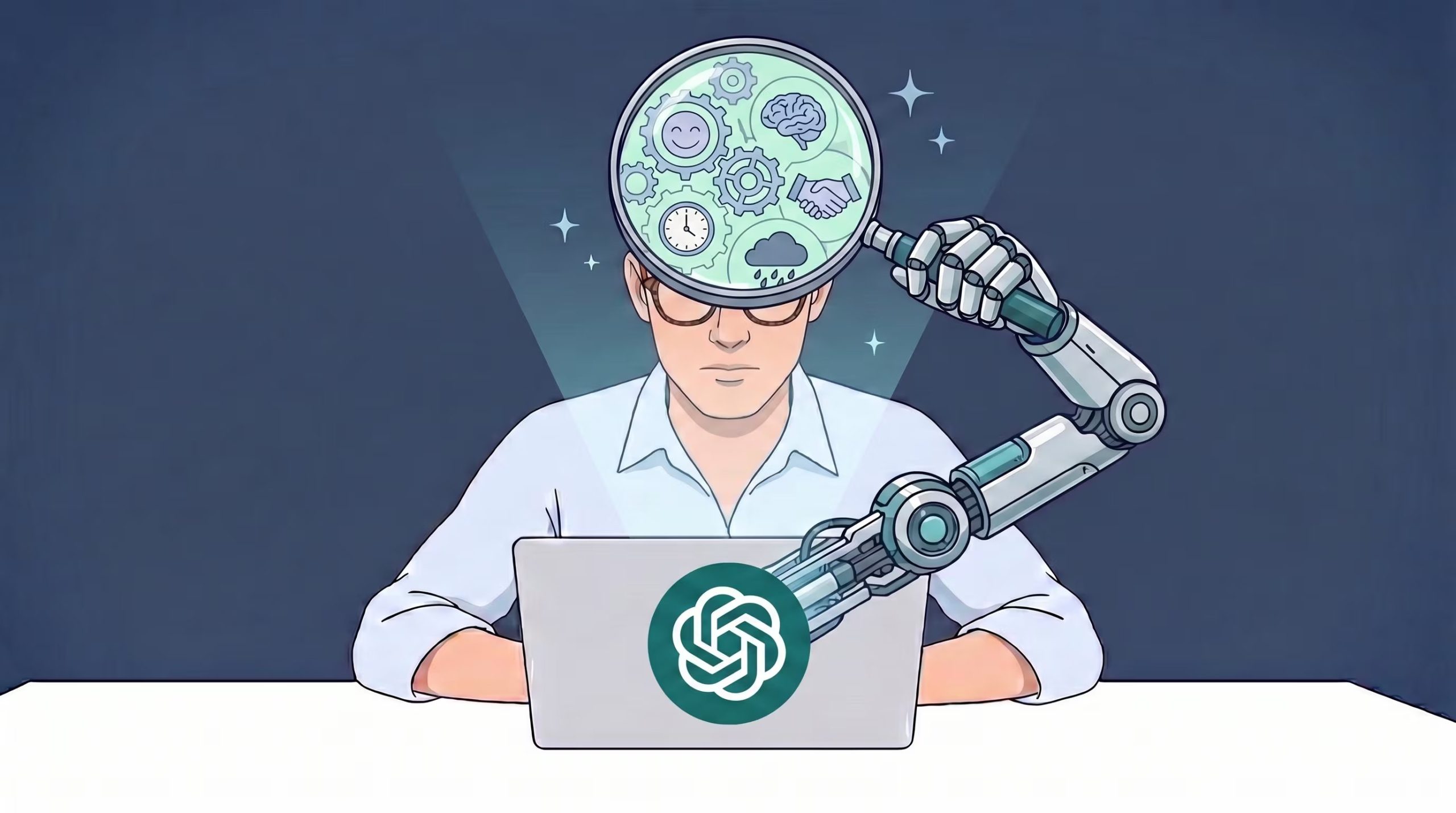 Una mano robótica con una lupa ilustra cómo la inteligencia artificial potencia el pensamiento humano, revelando mecanismos complejos como engranajes, un cerebro, un apretón de manos, un reloj y una nube con lluvia, mientras una persona usa una laptop con el logo de ChatGPT. (Imagen Ilustrativa Infobae)