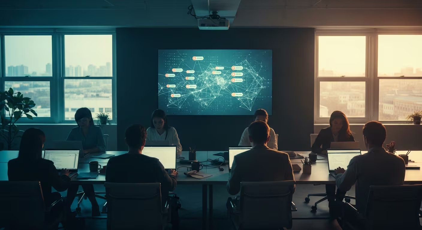 Profesionales trabajan en un moderno espacio de coworking bajo la luz de grandes ventanales, mientras una pantalla central muestra un gráfico complejo de red neuronal, simbolizando el avance en inteligencia artificial. (Imagen Ilustrativa Infobae)
