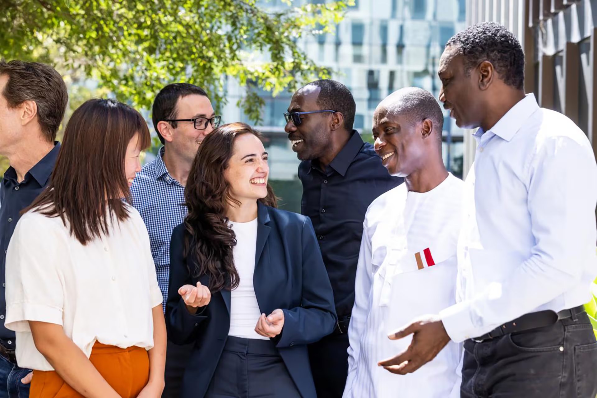 Los becarios del programa Atlantic Fellows, Nuole Zhu, Agustina Legaz, David Larbi Simpong y Godwin Ogbole, en UCSF Mission Bay. Fotografía de Elisabeth Fall (GBNH)