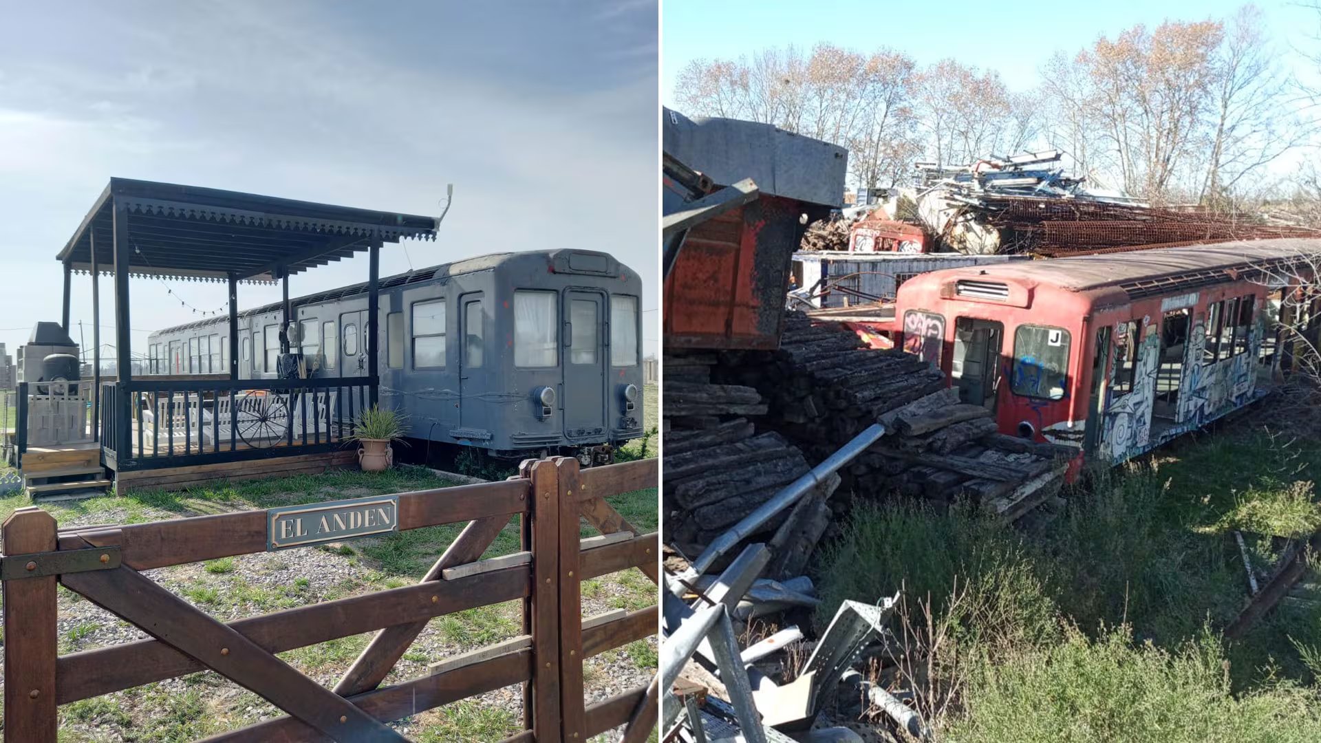 Un vagón de subte convertido en casa de fin de semana en Canning. Conserva puertas originales, ventanas, estructura y se integró con deck, pileta y exterior moderno