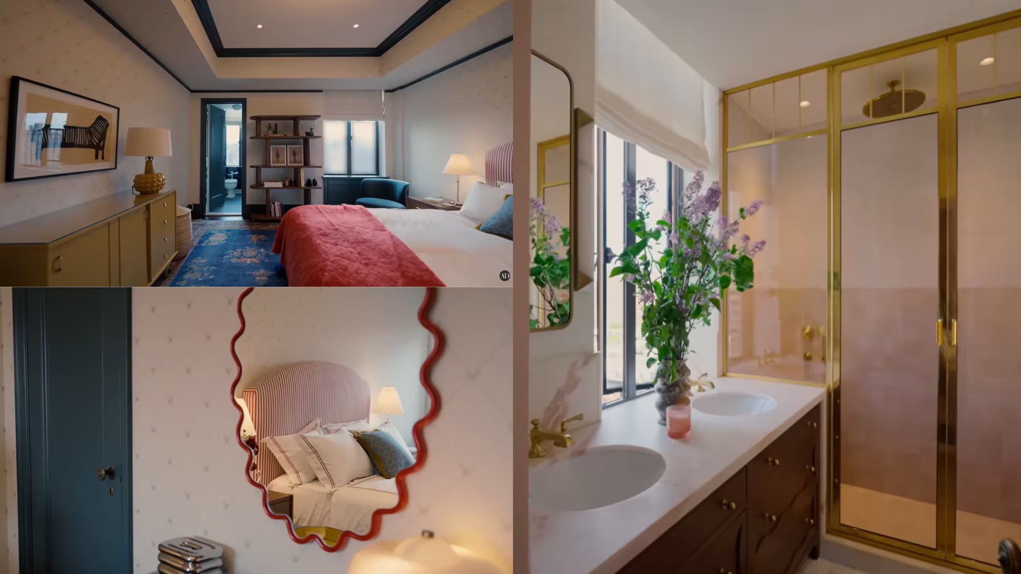 El uso de mármol Rosa Aurora y latón envejecido aporta continuidad y calidez al baño principal. (Architectural Digest)
