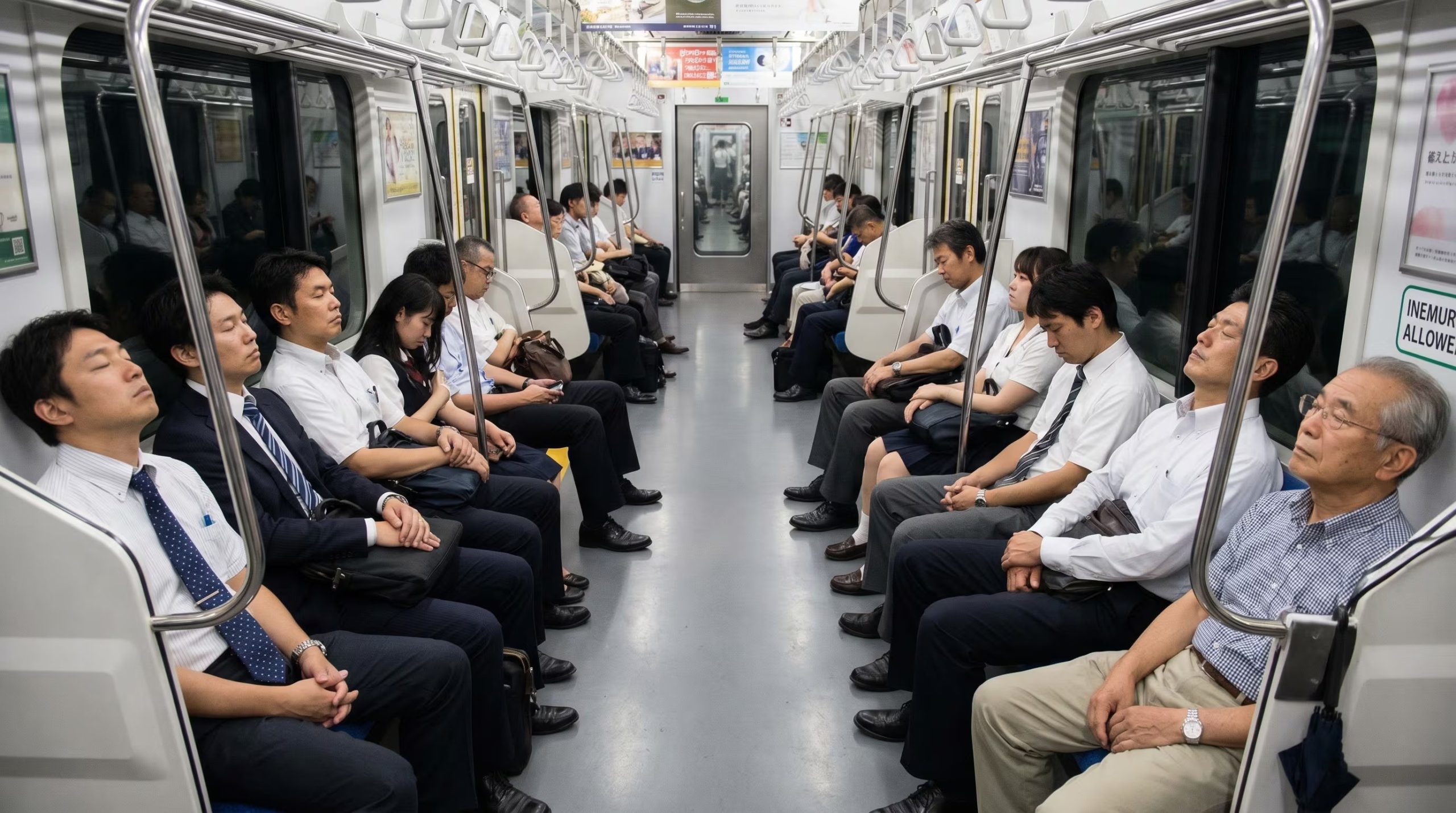 Hombres y mujeres de japón aplican el inemuri en el interior del metro. (Imagen Ilustrativa Infobae)