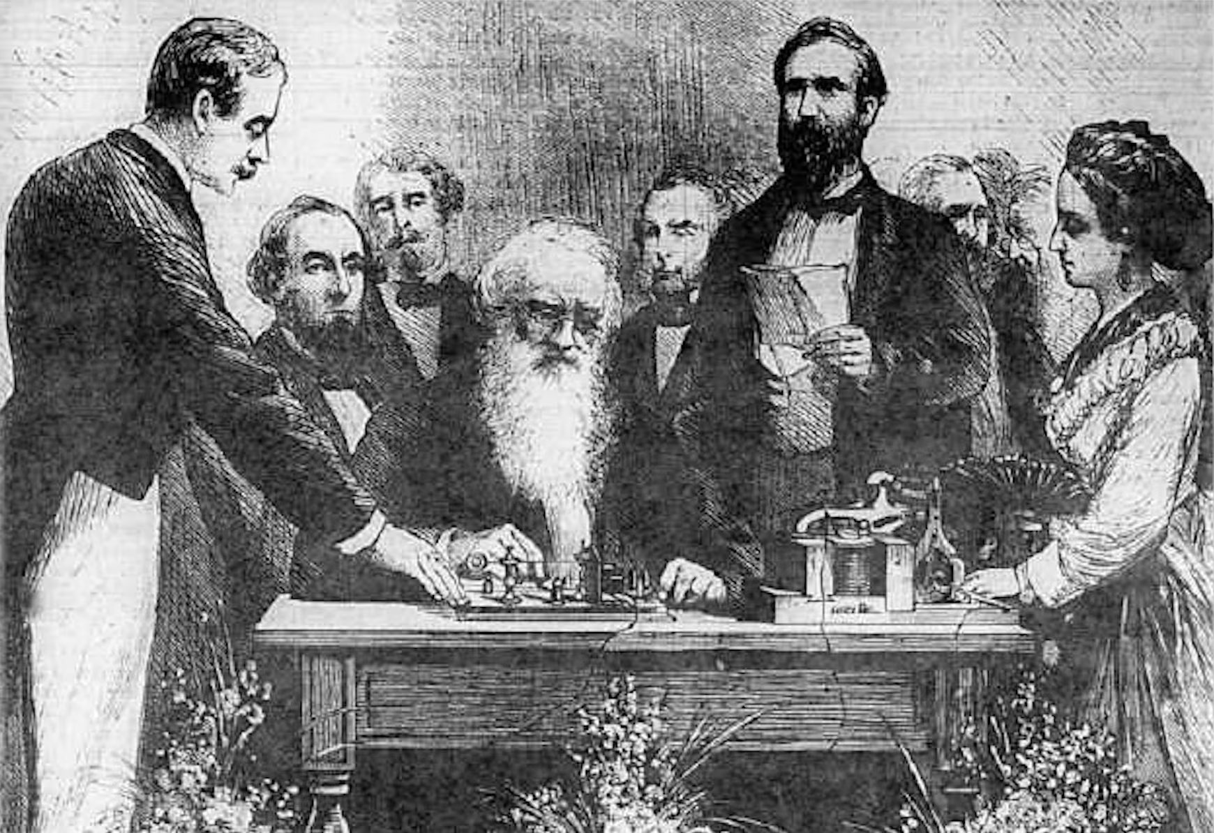Samuel Morse haciendo una demostración pública de su sistema de telégrafo, en 1871