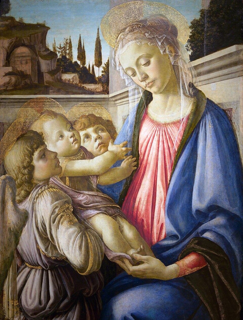 Virgen con el niño y dos ángeles, una pintura de Sandro Botticelli. Con el Renacimiento surgió una nueva representación de la infancia, impulsada por el auge del arte laico, el interés anatómico y el mecenazgo ciudadano