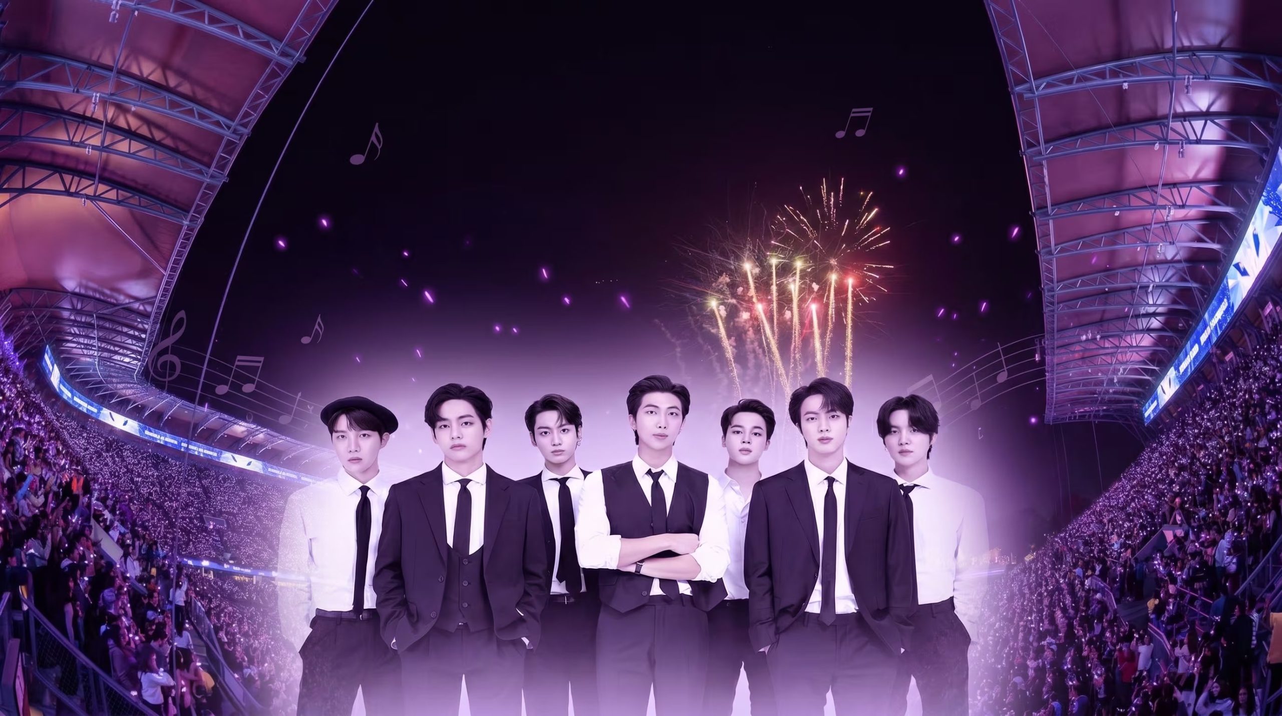 BTS se presenta ante un Estadio GNP Seguros abarrotado, donde las luces moradas del ARMY iluminaron la noche con fuegos artificiales y notas musicales que celebraron sus canciones sorpresa. (Imagen Ilustrativa Infobae)