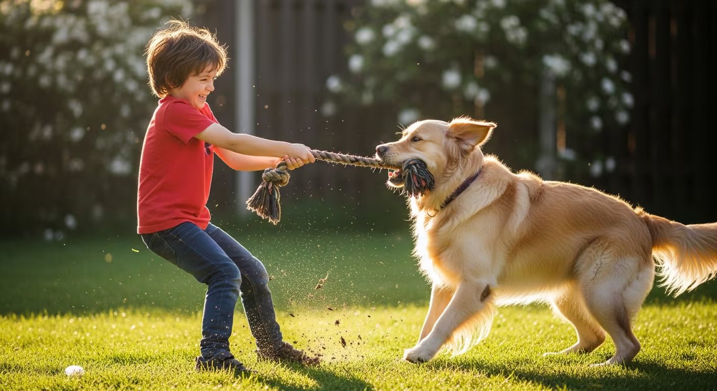 Un niño sonriente juega a tirar de una cuerda junto a su perro en un jardín soleado. La escena resalta la conexión y alegría compartida entre los más pequeños de la casa y sus mascotas, promoviendo la importancia del tiempo al aire libre y el bienestar animal. (Imagen Ilustrativa Infobae)