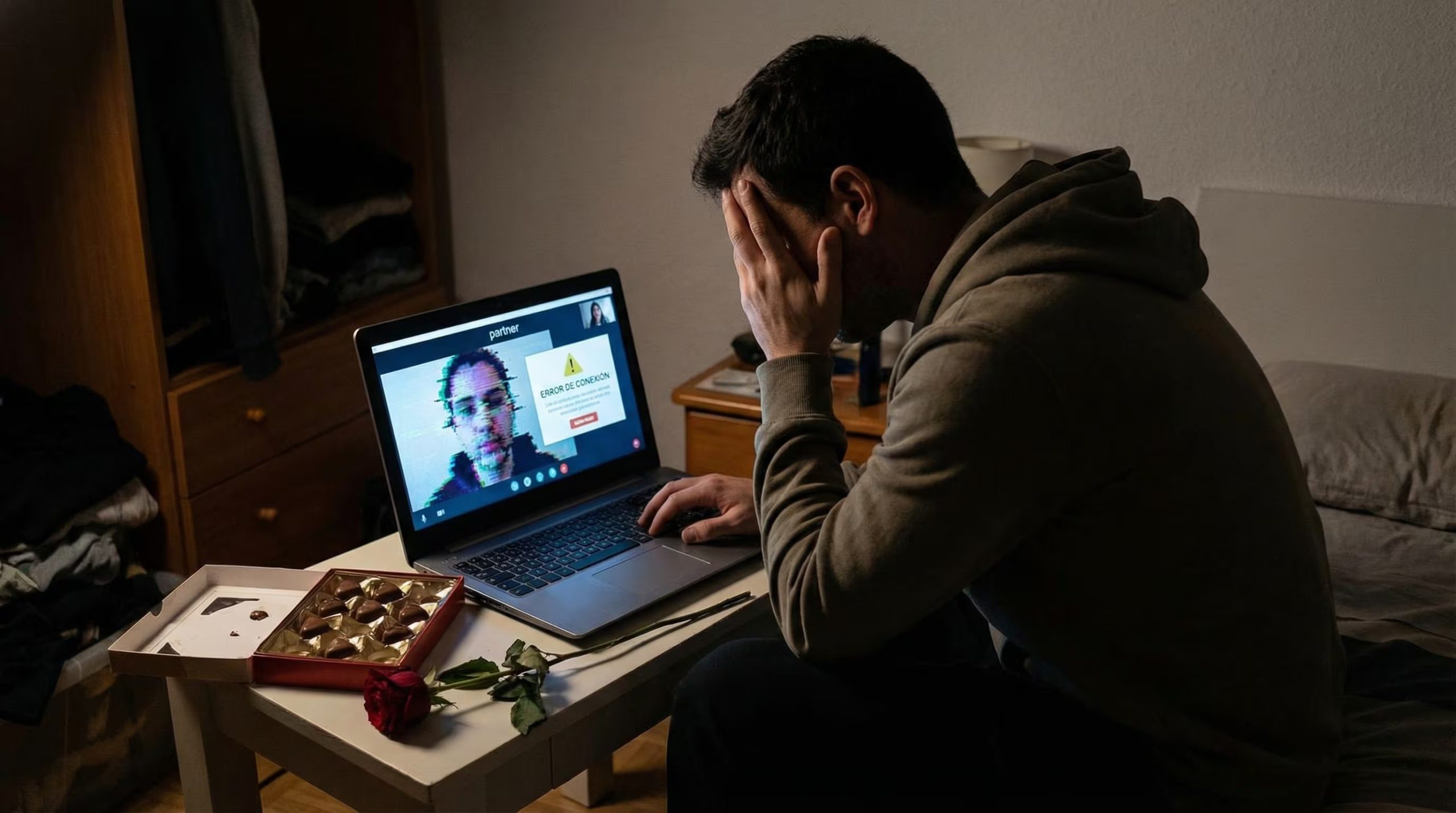 Un hombre solo en su habitación es víctima de una estafa con deepfake durante una videollamada en San Valentín. (Imagen Ilustrativa Infobae)
