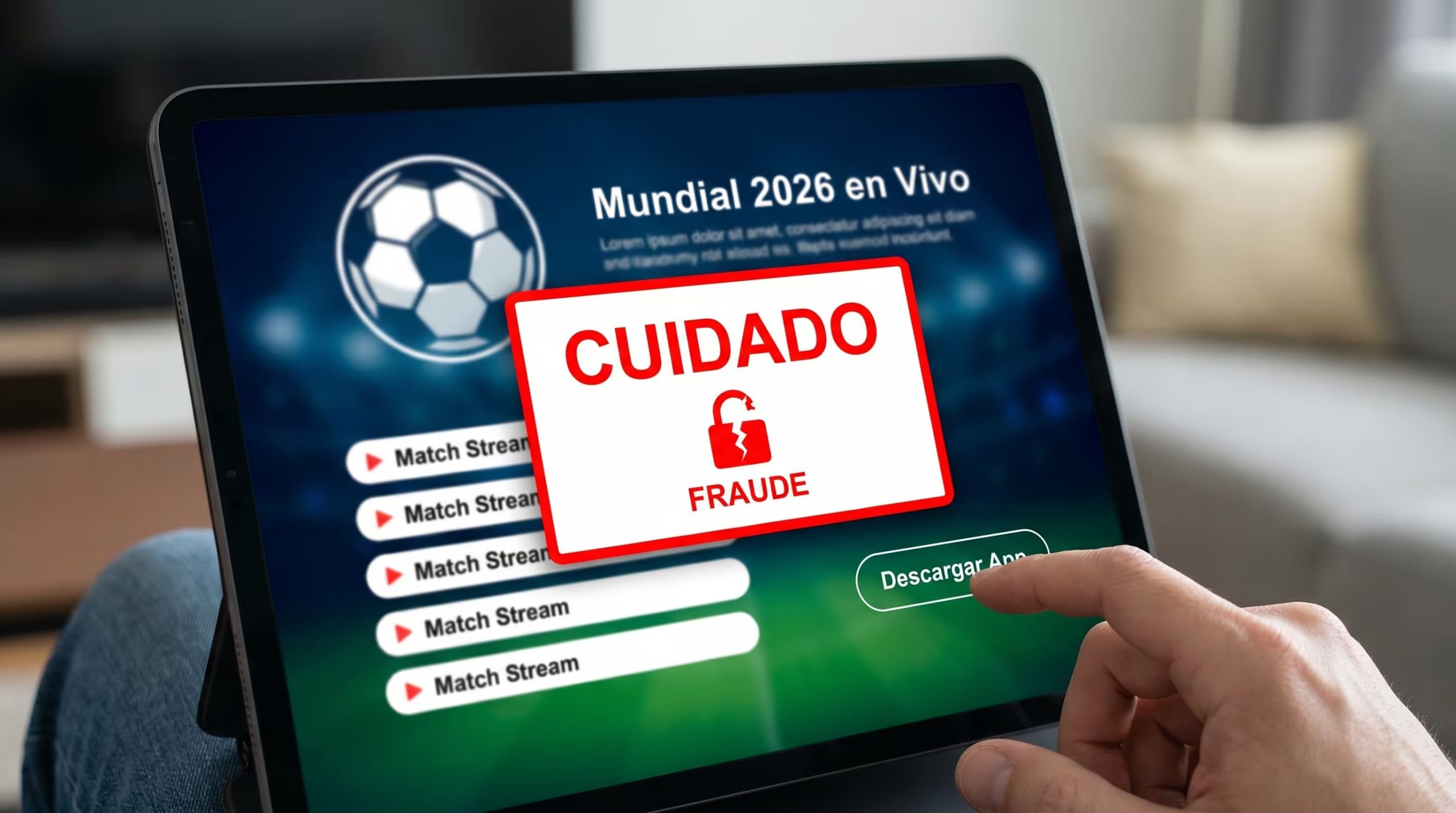 Una persona interactúa con una tablet que muestra una alerta de fraude sobre aplicaciones de transmisión del Mundial 2026, advirtiendo sobre sitios y apps falsas. (Imagen Ilustrativa Infobae)