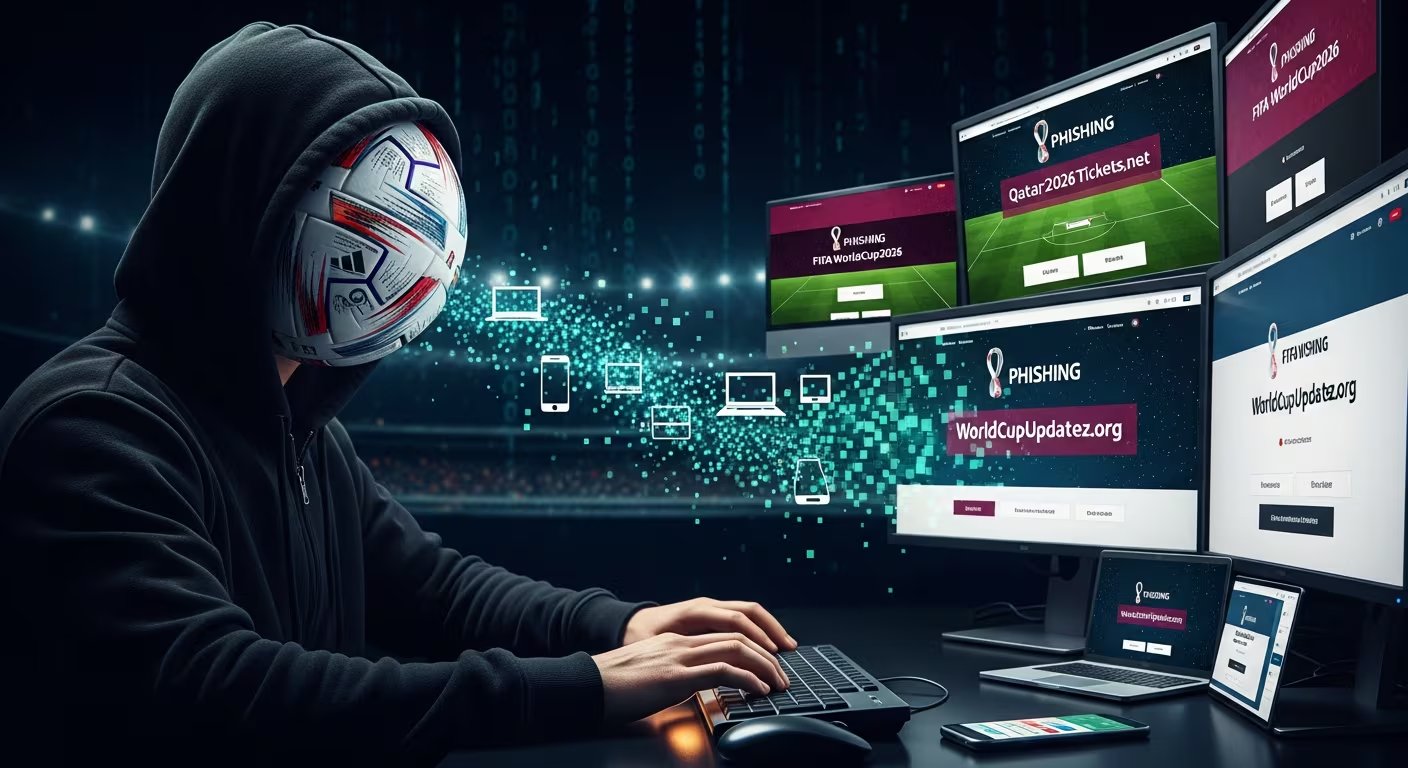 Un hacker con rostro de balón de fútbol manipula múltiples pantallas que muestran sitios de phishing relacionados con la Copa Mundial 2026, advirtiendo sobre estafas en línea. (Imagen Ilustrativa Infobae)