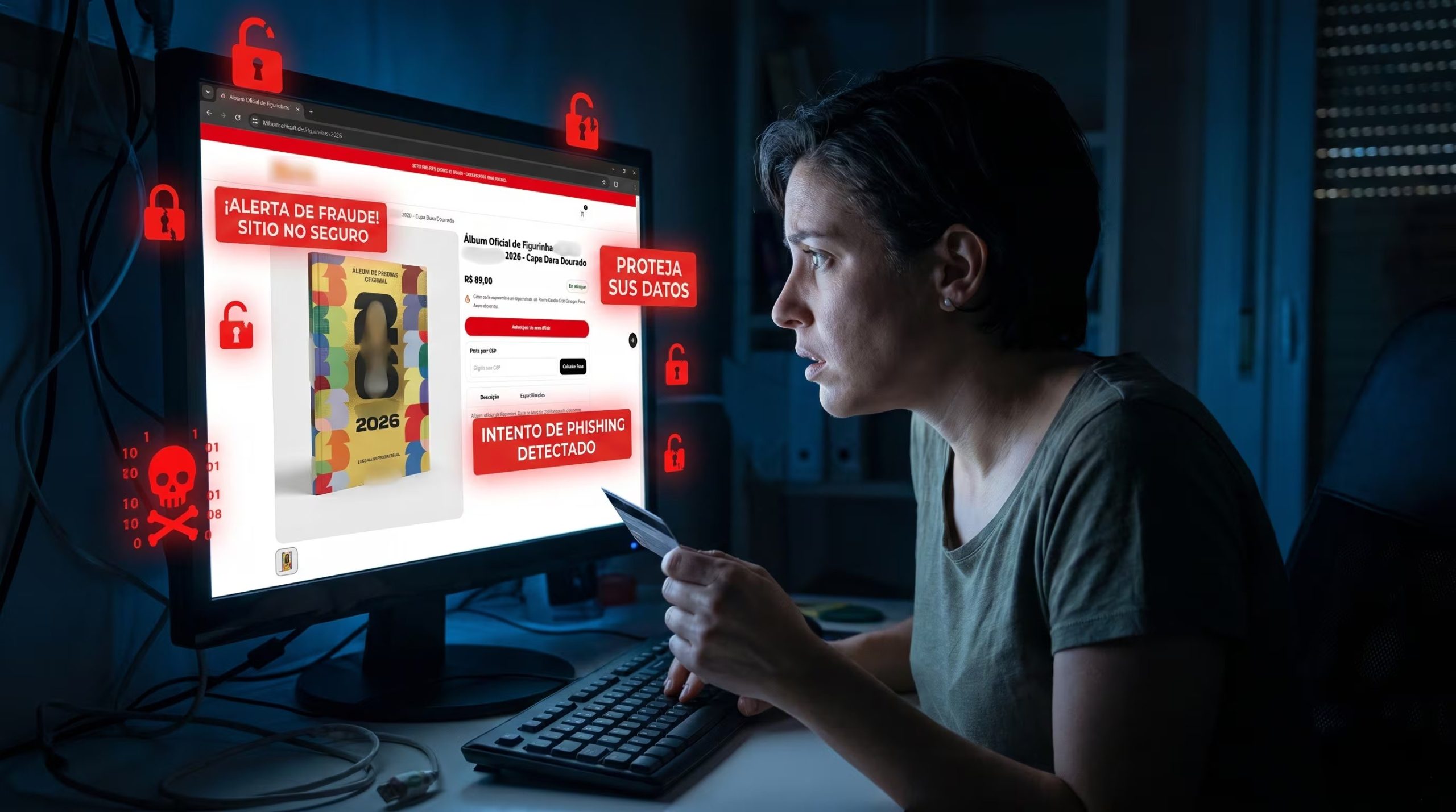 Una persona intenta comprar láminas de la Copa Mundial 2026 en un sitio web fraudulento, con advertencias de ciberseguridad y un intento de phishing detectado. (Imagen Ilustrativa Infobae)