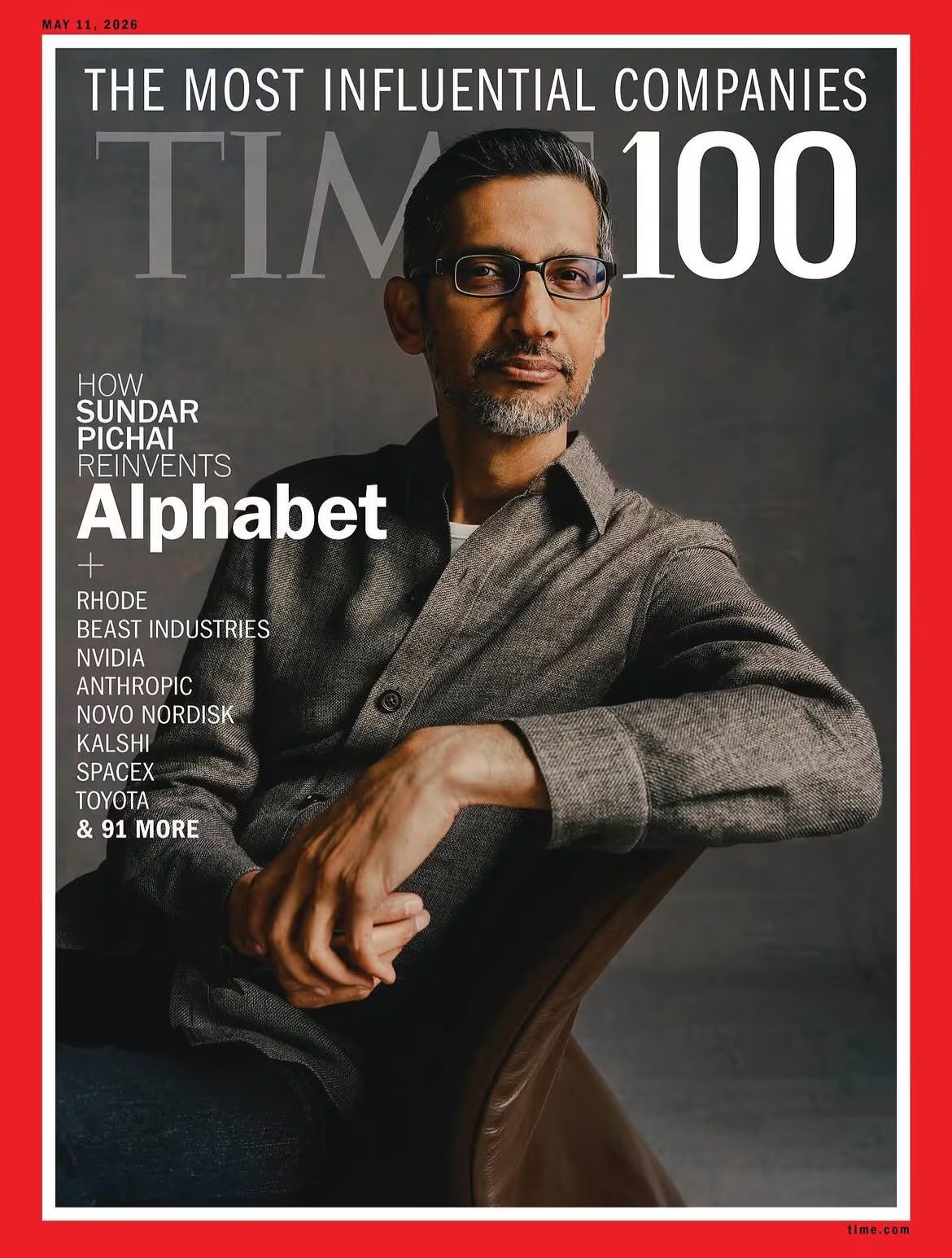 Sundar Pichai, CEO de Alphabet, aparece en la portada de la revista TIME como figura clave en la reinvención de la tecnología y los negocios, destacando entre las 100 empresas más influyentes del mundo. (Portada Time )