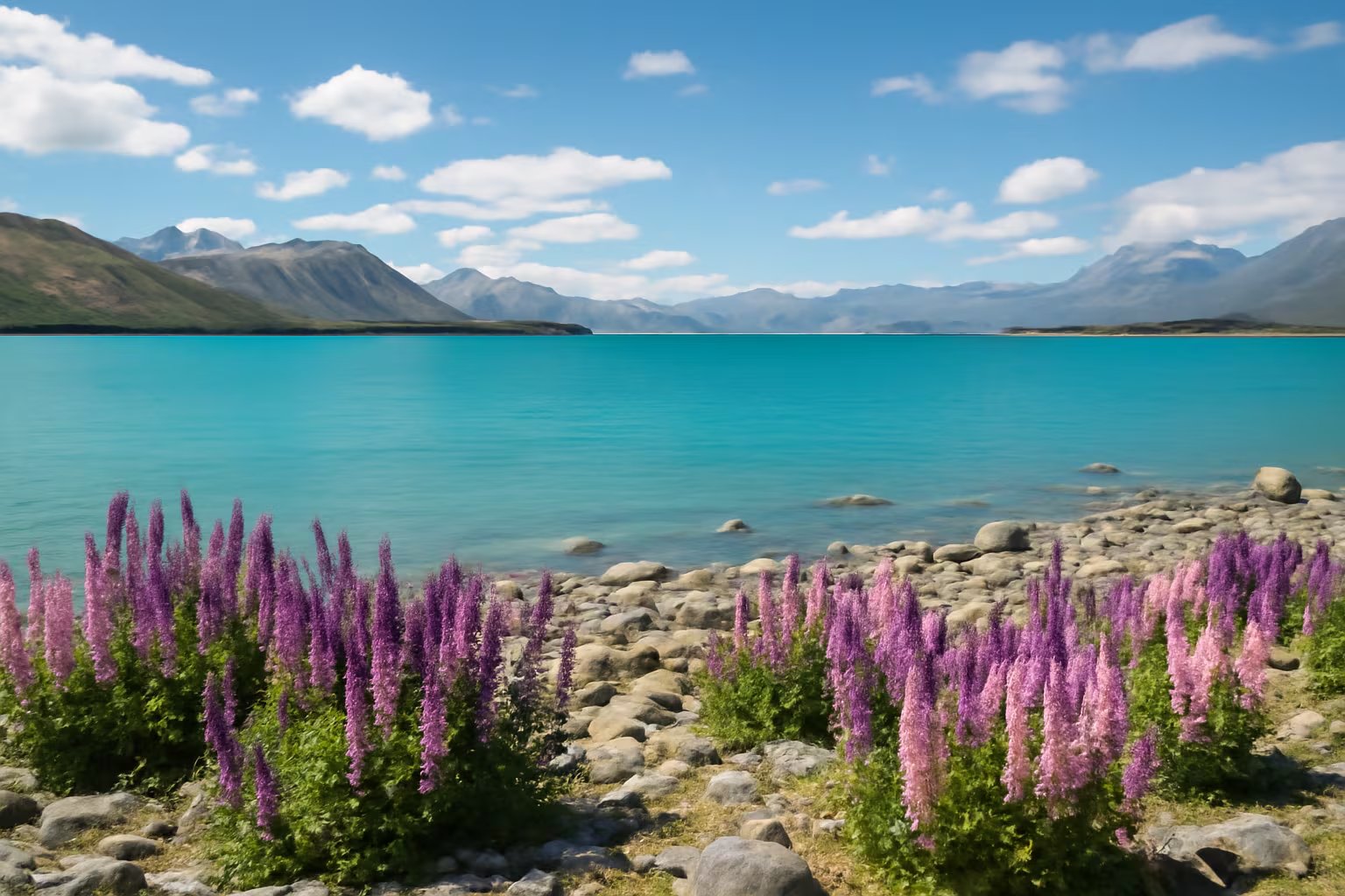 Los campos de lupinos del lago Tekapo en Nueva Zelanda crean postales emblemáticas con sus tonalidades vibrantes frente a aguas turquesas (Imagen ilustrativa Infobae)
