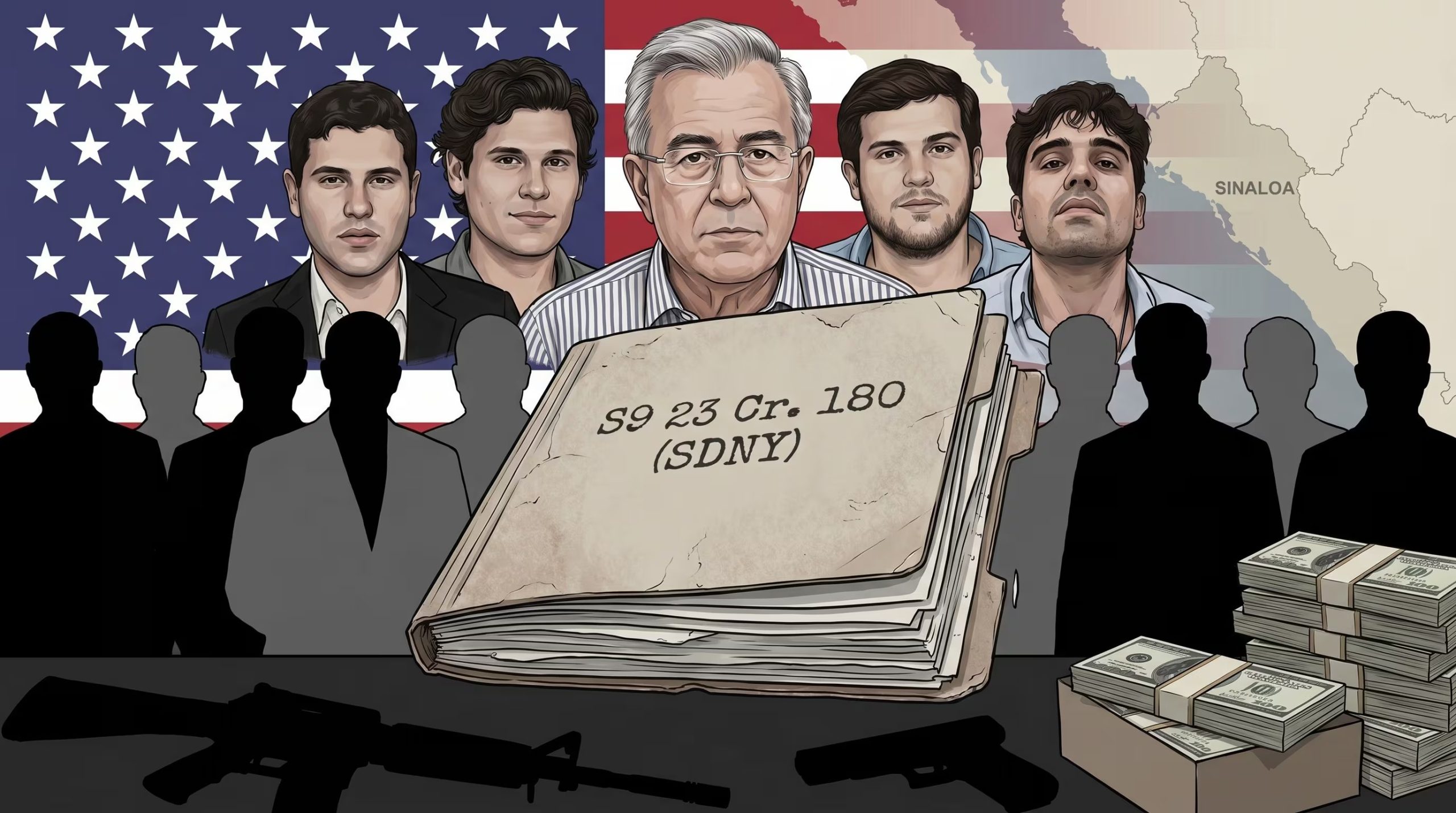 La ilustración conceptual representa un expediente judicial de EE.UU. contra Los Chapitos, implicando al gobernador Rubén Rocha Moya y una red de funcionarios, en un caso de crimen organizado con alcance internacional. (Imagen Ilustrativa Infobae)