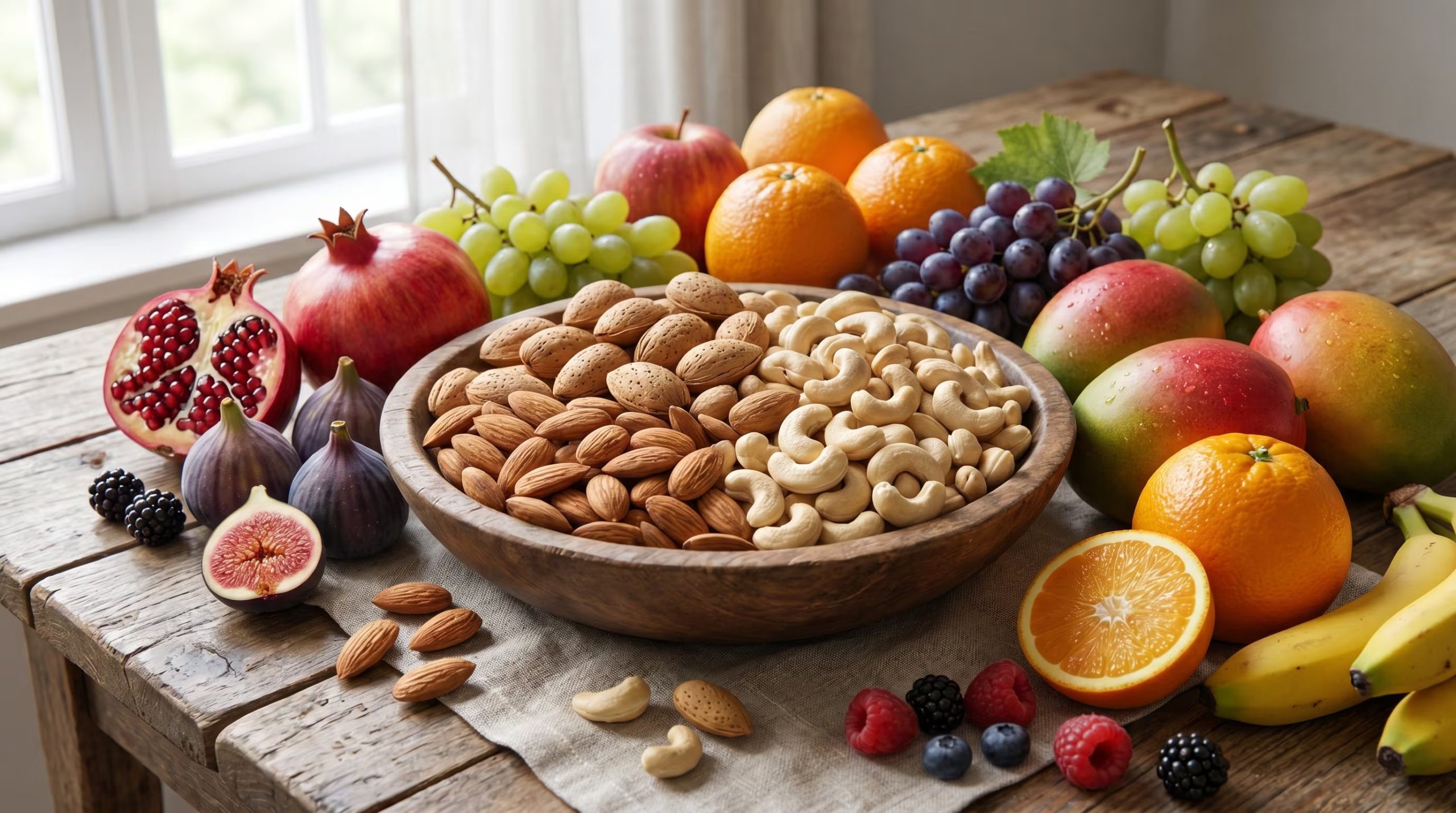Una nutritiva y colorida composición de almendras y marañones, rodeada de diversas frutas frescas como granadas, uvas, mangos y bayas, dispuesta sobre una mesa de madera rústica con luz natural. (Imagen Ilustrativa Infobae)