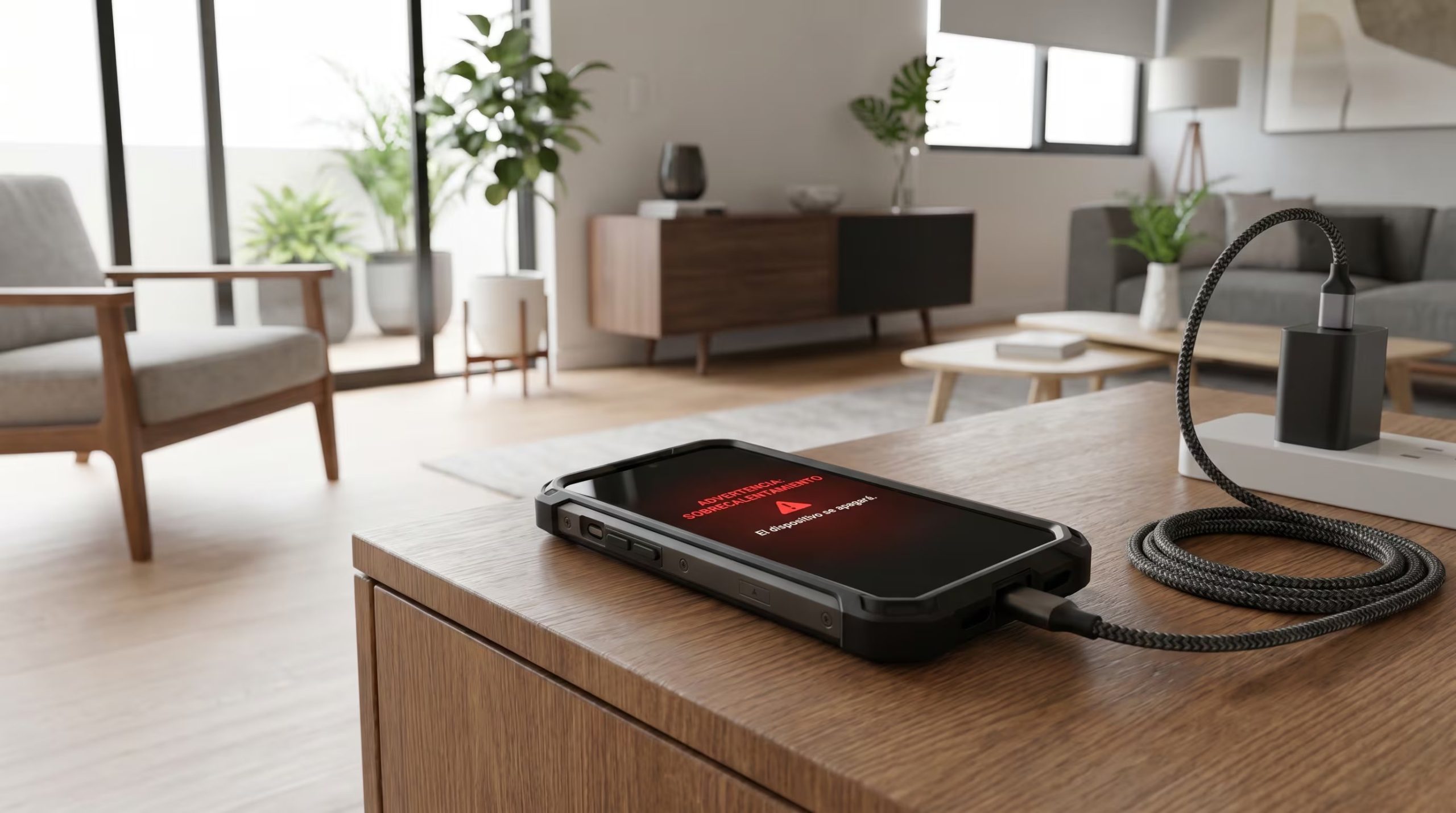 Un teléfono móvil con funda protectora y una advertencia de sobrecalentamiento en pantalla se carga sobre una mesa en un ambiente doméstico moderno y luminoso. (Imagen Ilustrativa Infobae)