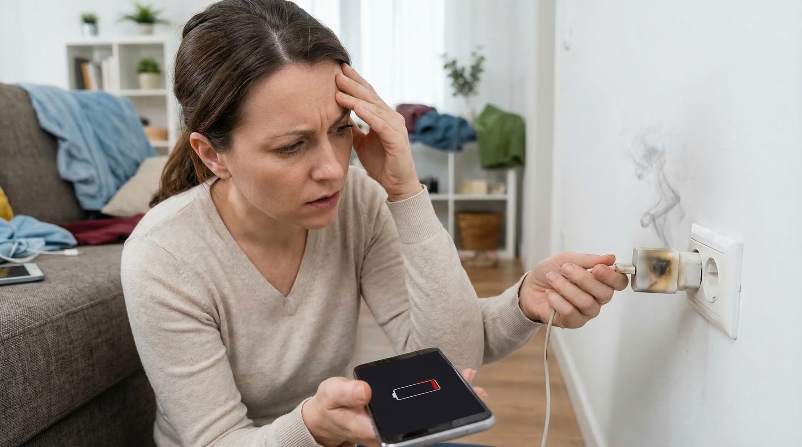 Una mujer preocupada sostiene su teléfono con batería baja mientras desconecta un cargador recalentado y humeante de un enchufe de pared. (Imagen Ilustrativa Infobae)