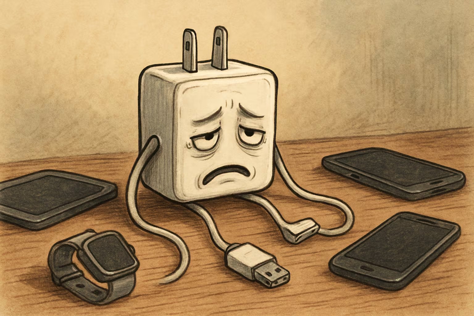 Ilustración creativa que muestra a un cargador de pared con expresión cansada y cables como brazos, rodeado de celulares y un reloj inteligente, simbolizando la fatiga por la dependencia tecnológica en la vida cotidiana. (Imagen Ilustrativa Infobae)