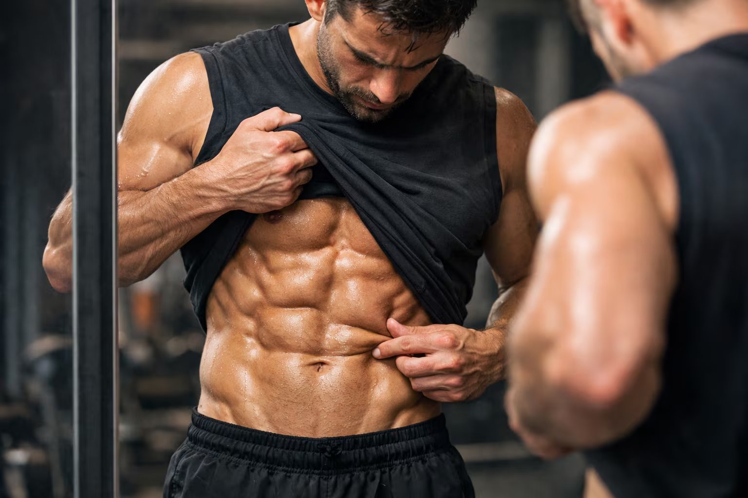 Un hombre en el gimnasio se mira al espejo para ver cómo van sus resultados de abdomen.(Imagen Ilustrativa Infobae)