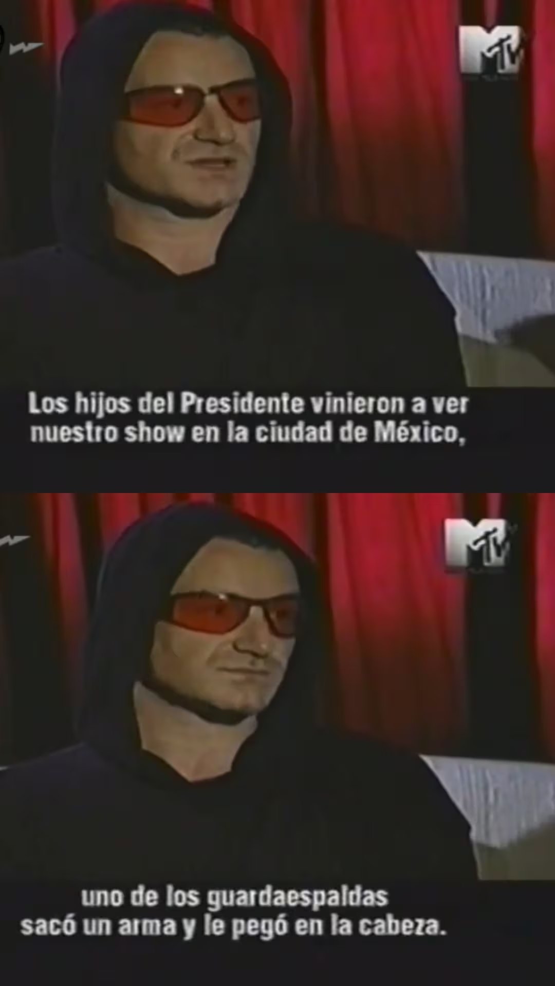 Bono, vocalista de U2, aparece en una entrevista recordando el incidente donde guardaespaldas del hijo del expresidente Ernesto Zedillo agredieron a un miembro de su staff en México. (YouTube: MTV)