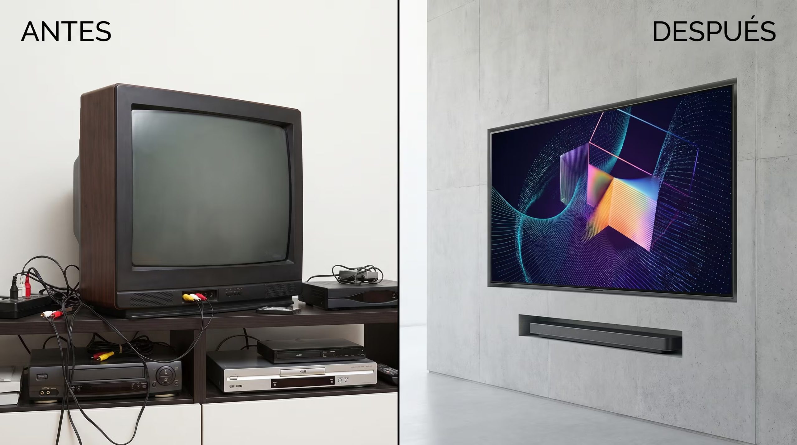 Esta imagen compara la instalación tradicional de un televisor CRT con múltiples cables y dispositivos, frente a una pantalla ultradelgada moderna integrada en la pared con un diseño minimalista y sin cables visibles. (Imagen Ilustrativa Infobae)