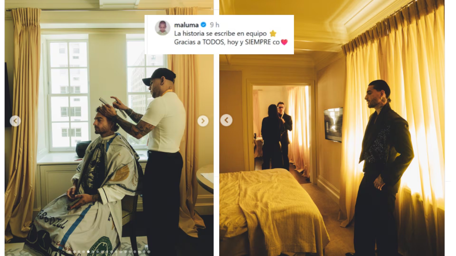 El look elegido destacó por una chaqueta negra con solapa ancha en tejido satinado y detalles brillantes en el frente - crédito @maluma / Instagram captura de pantalla