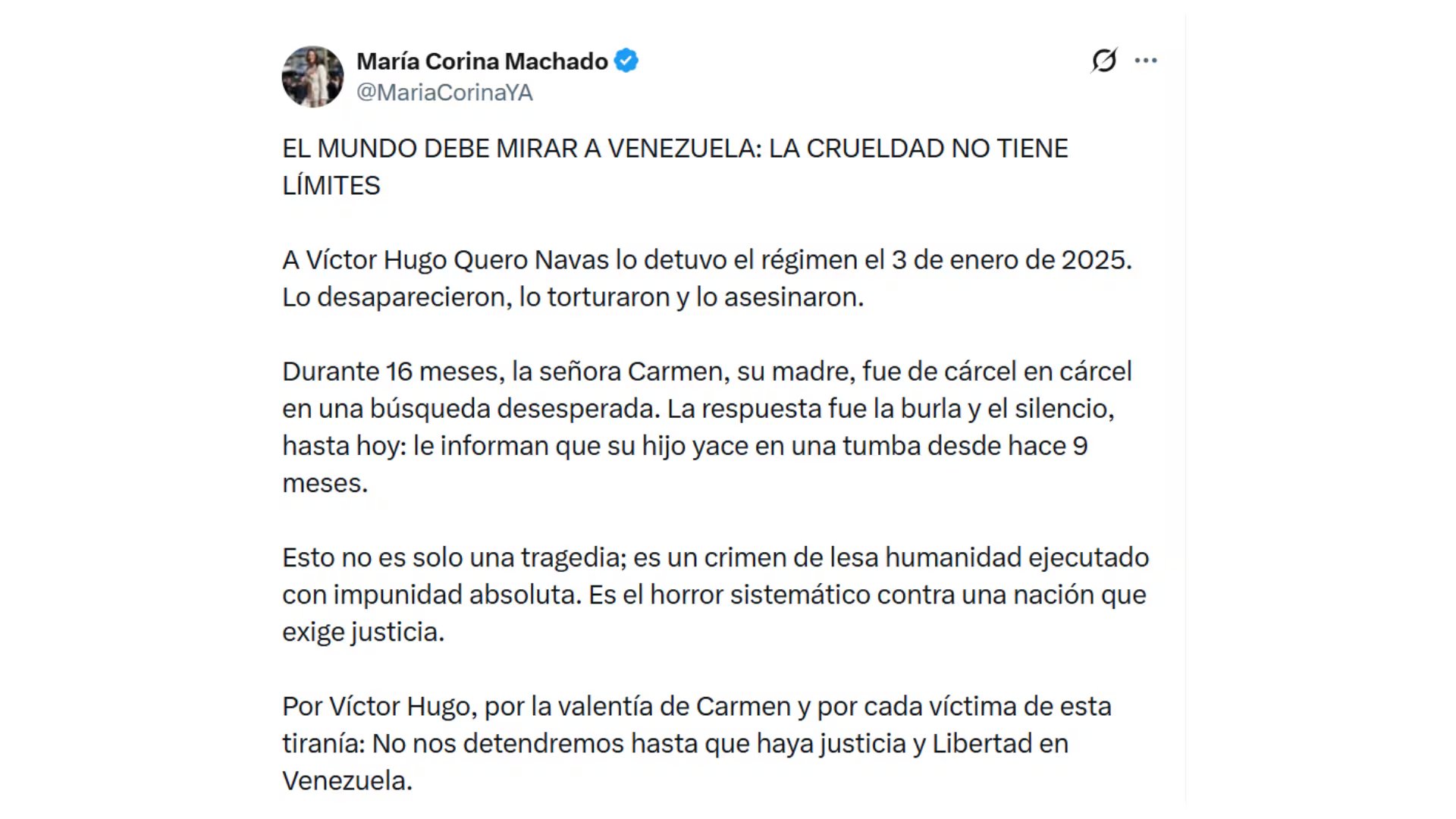 El mensaje de María Corina Machado tras darse a conocer la muerte de la muerte bajo custodia de Víctor Hugo Quero (@MariaCorinaYA)