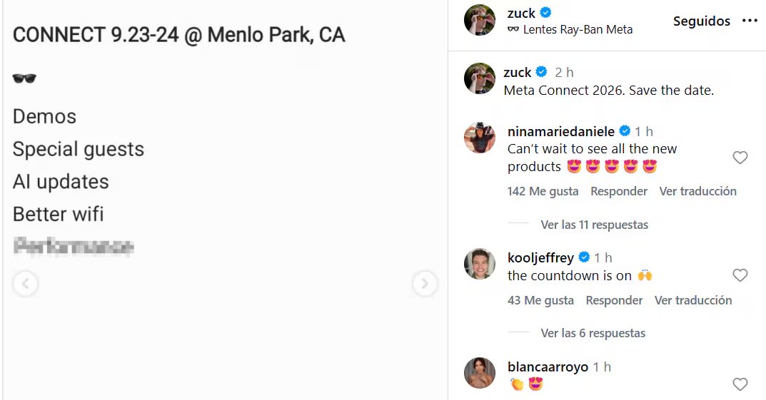 Mark Zuckerberg revela la fecha y ubicación de Meta Connect 2026, destacando demos, invitados especiales y actualizaciones de IA. (Instagram: zuck)