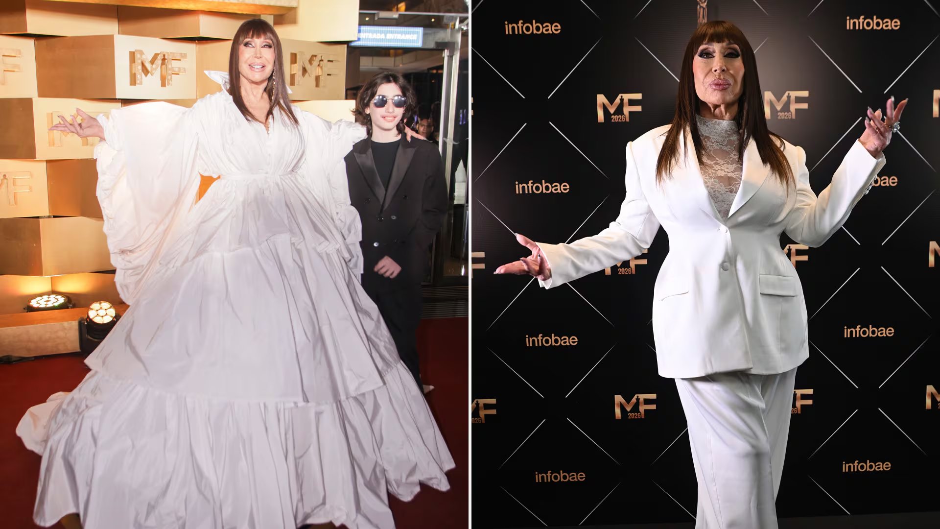 Moria Casán impactó con un vestido blanco de volumen extremo, acompañada por su nieto Dante. Luego se mostró con un conjunto sastrero del mismo tono